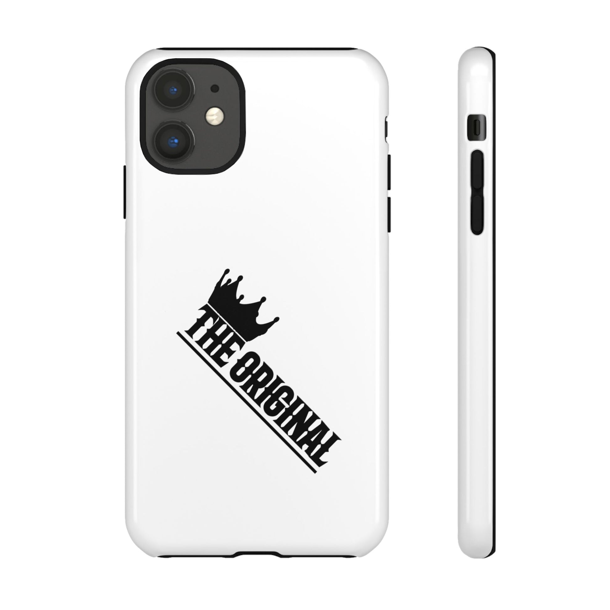 White Christian phone case with black The Original print – durable dual-layer protection with faith-based style