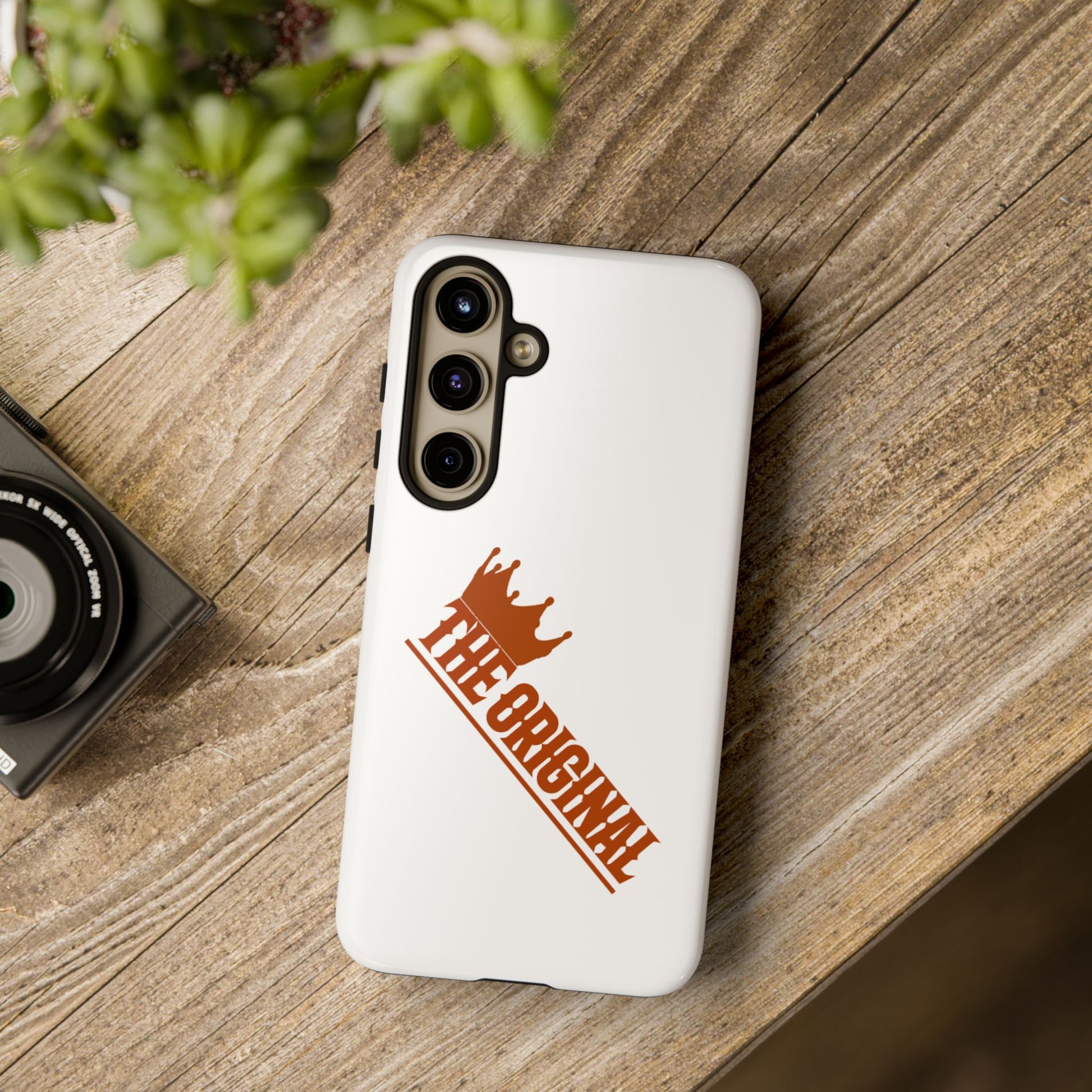 White phone case with red THE ORIGINAL brand text – Christian streetwear style
