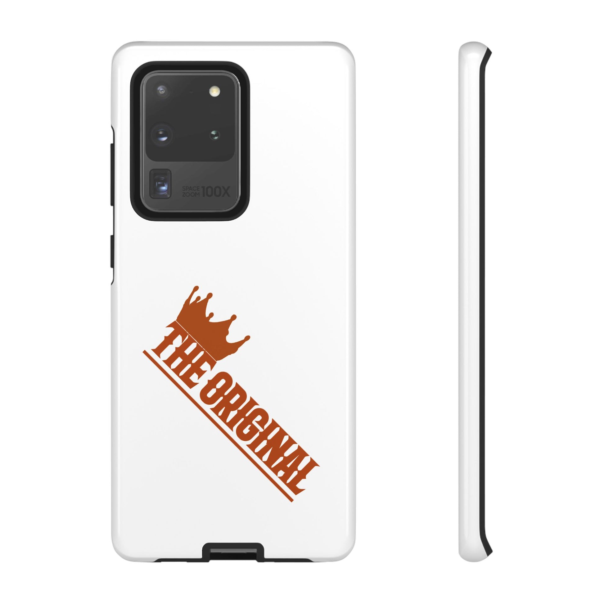 White phone case with red THE ORIGINAL brand text – Christian streetwear style
