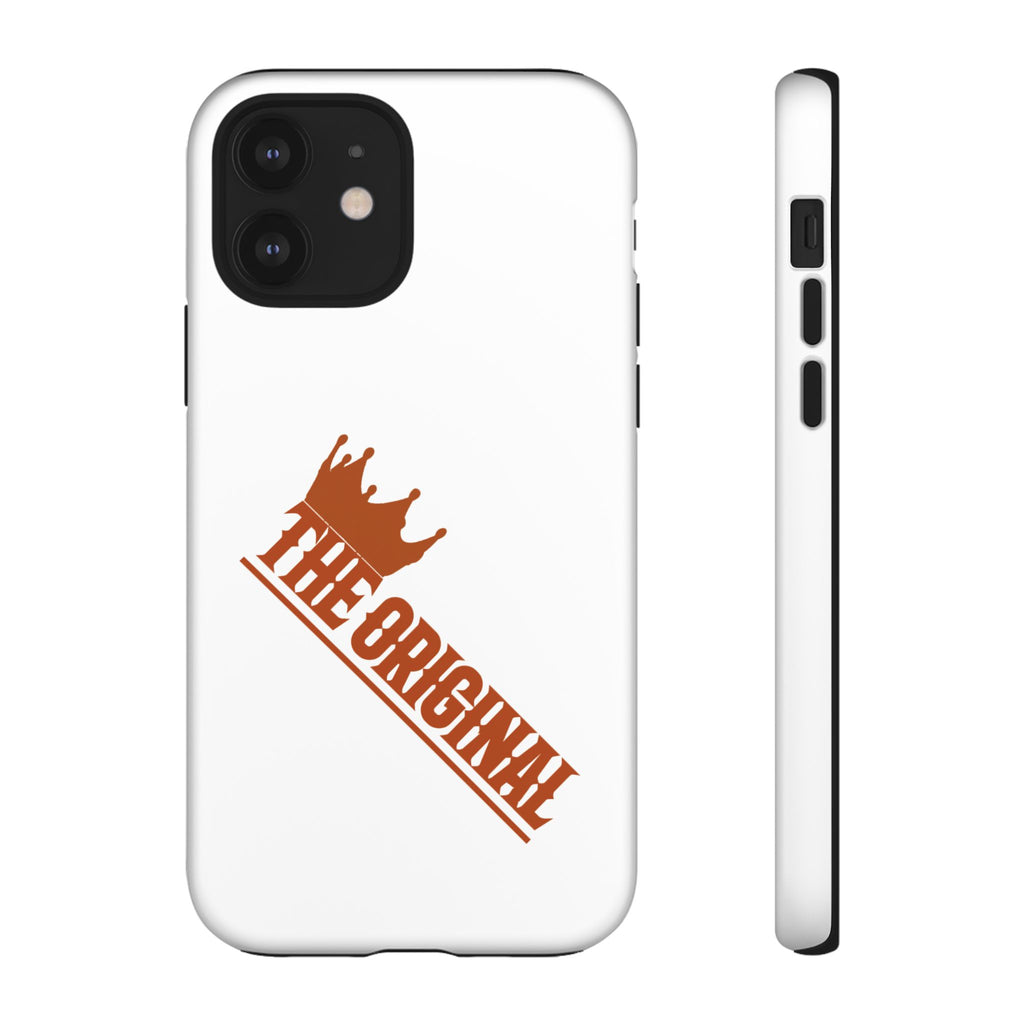 White phone case with red THE ORIGINAL brand text – Christian streetwear style