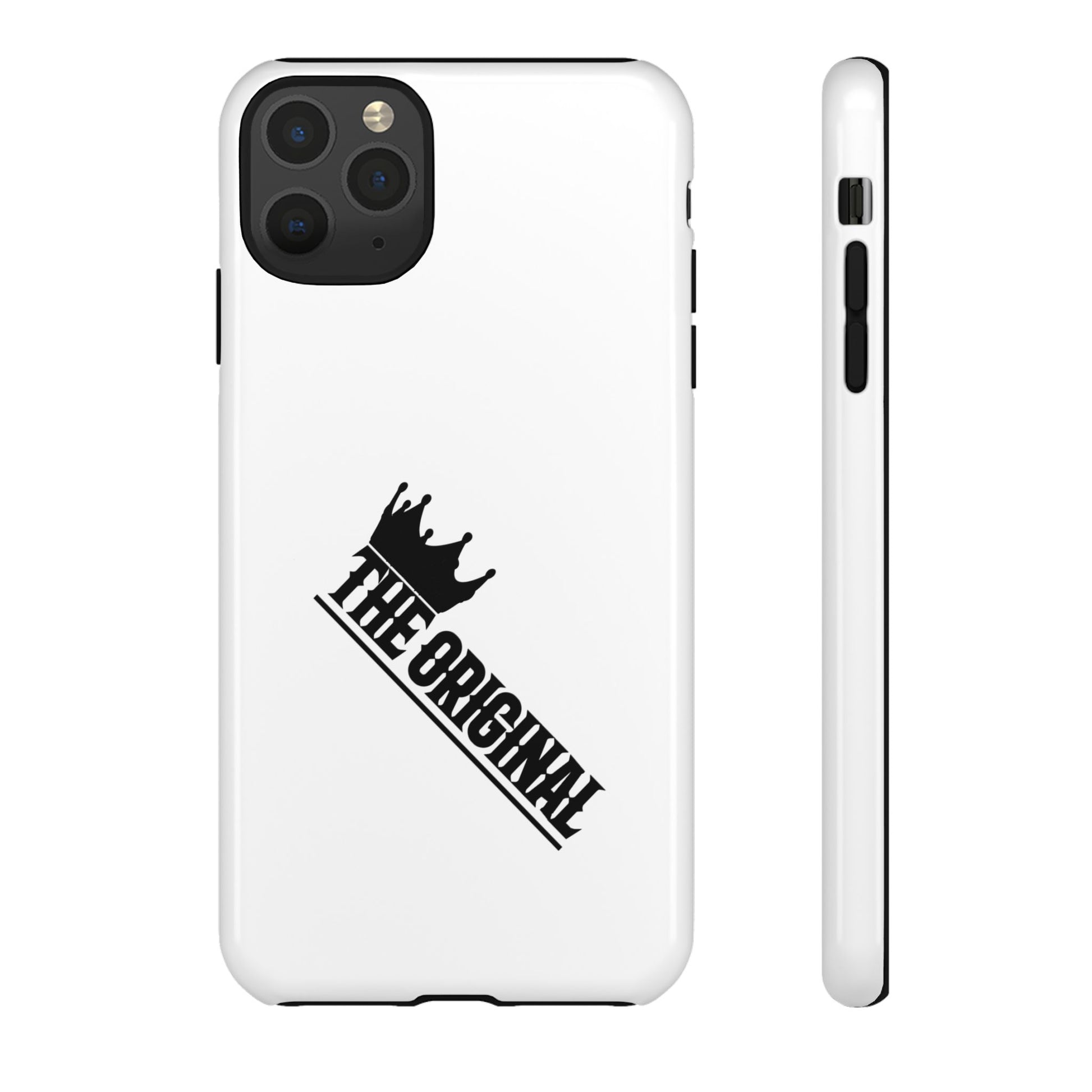 White Christian phone case with black The Original print – durable dual-layer protection with faith-based style