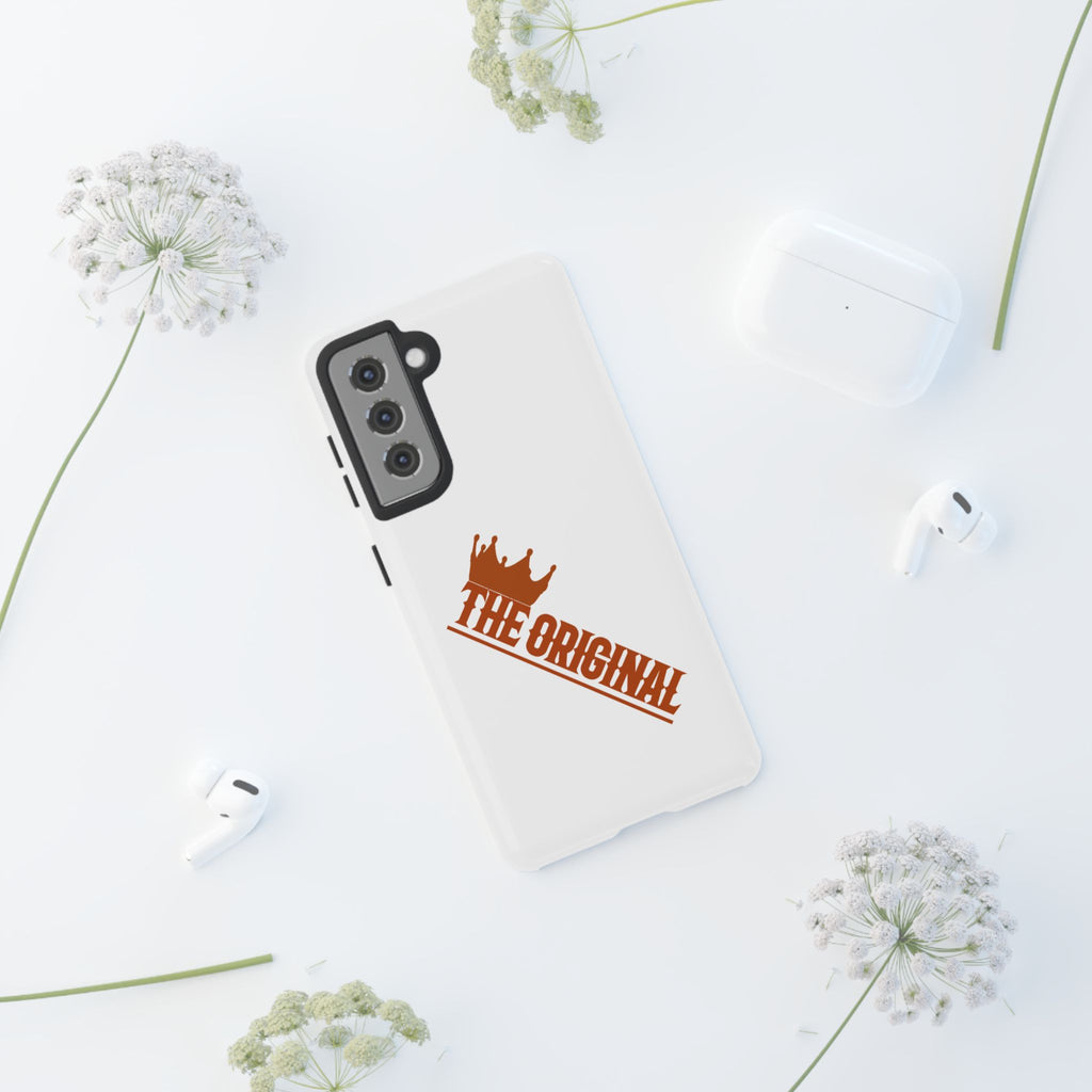 White phone case with red THE ORIGINAL brand text – Christian streetwear style