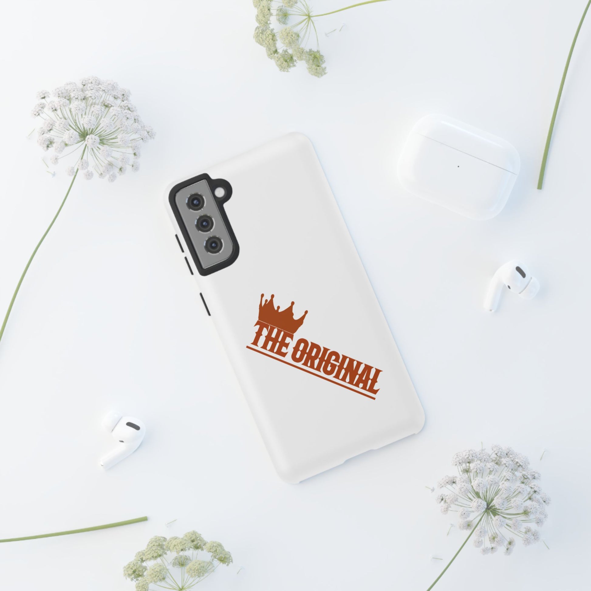 White phone case with red THE ORIGINAL brand text – Christian streetwear style