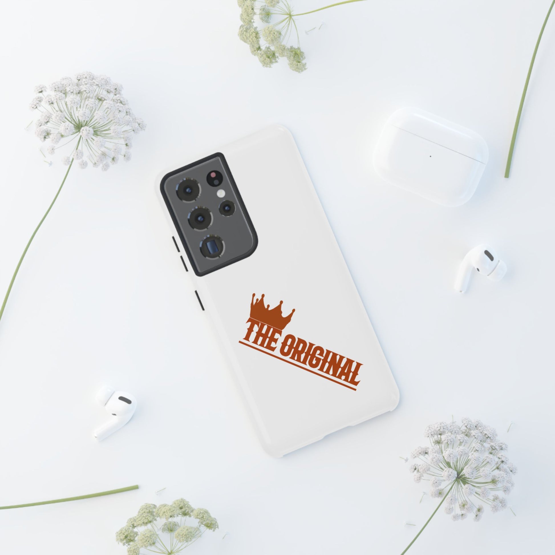 White phone case with red THE ORIGINAL brand text – Christian streetwear style