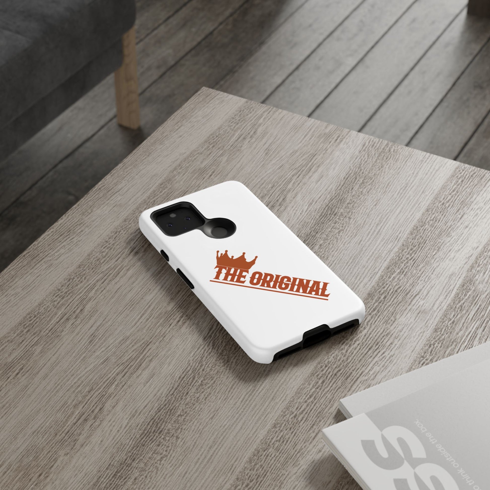 White phone case with red THE ORIGINAL brand text – Christian streetwear style