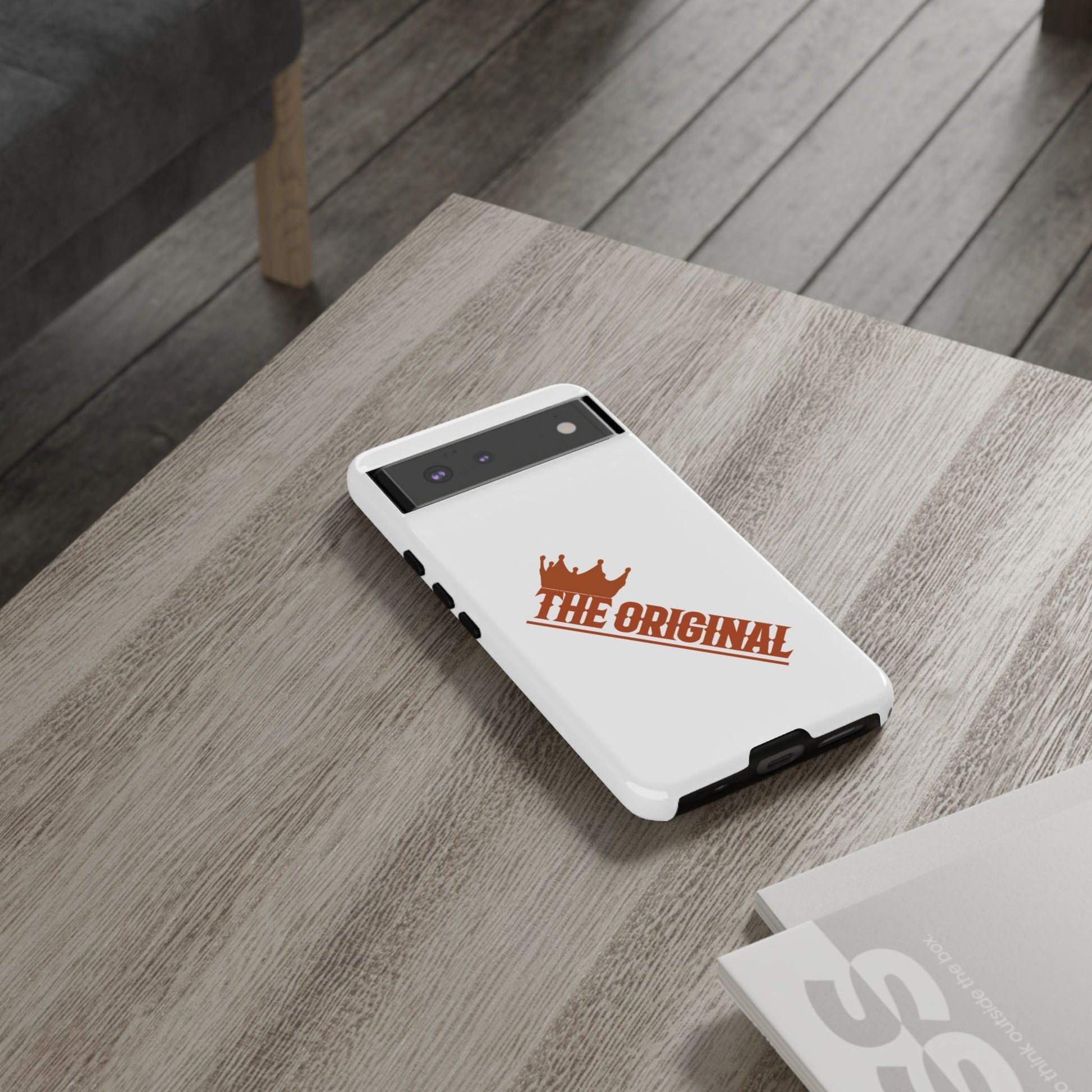White phone case with red THE ORIGINAL brand text – Christian streetwear style