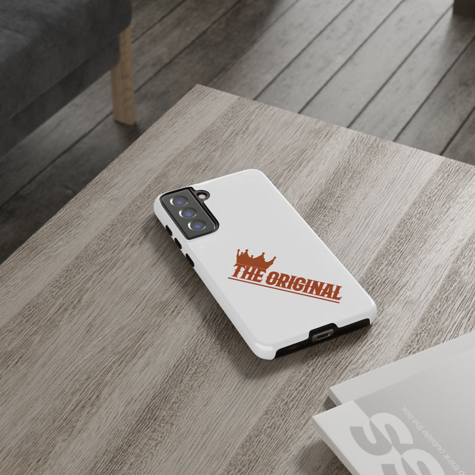 White phone case with red THE ORIGINAL brand text – Christian streetwear style