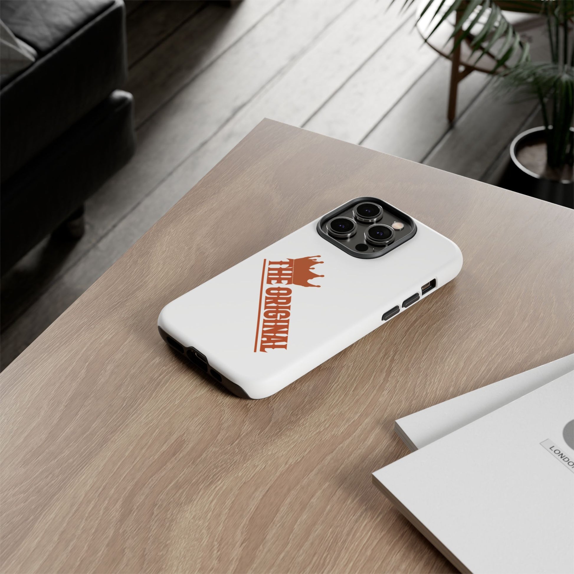 White phone case with red THE ORIGINAL brand text – Christian streetwear style