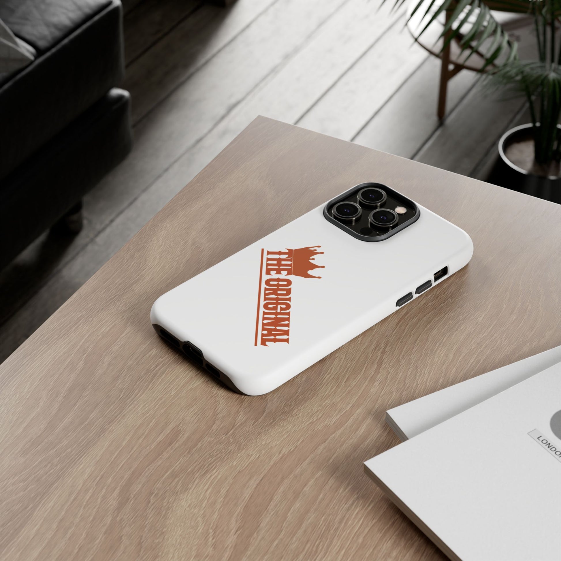 White phone case with red THE ORIGINAL brand text – Christian streetwear style