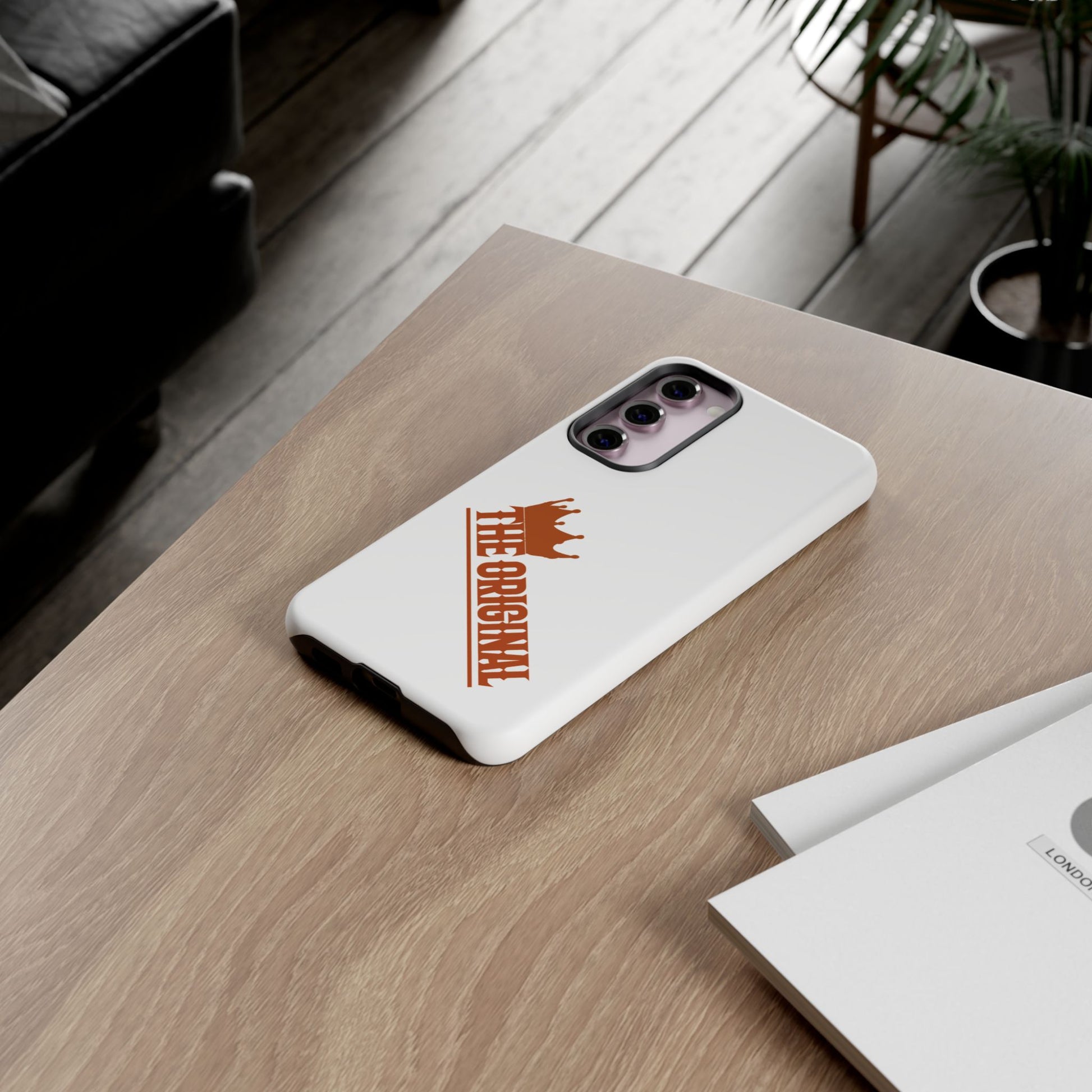 White phone case with red THE ORIGINAL brand text – Christian streetwear style