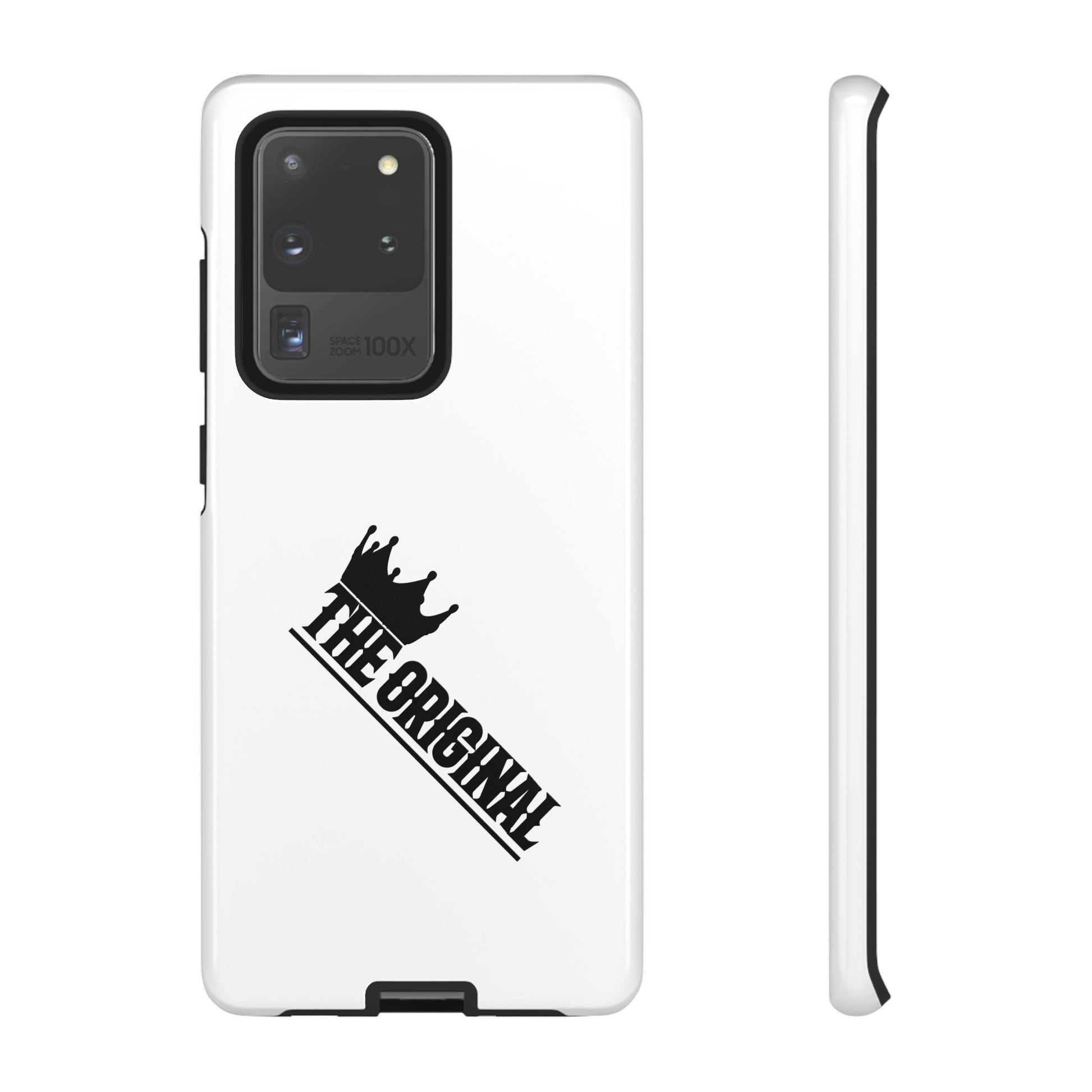 White Christian phone case with black The Original print – durable dual-layer protection with faith-based style