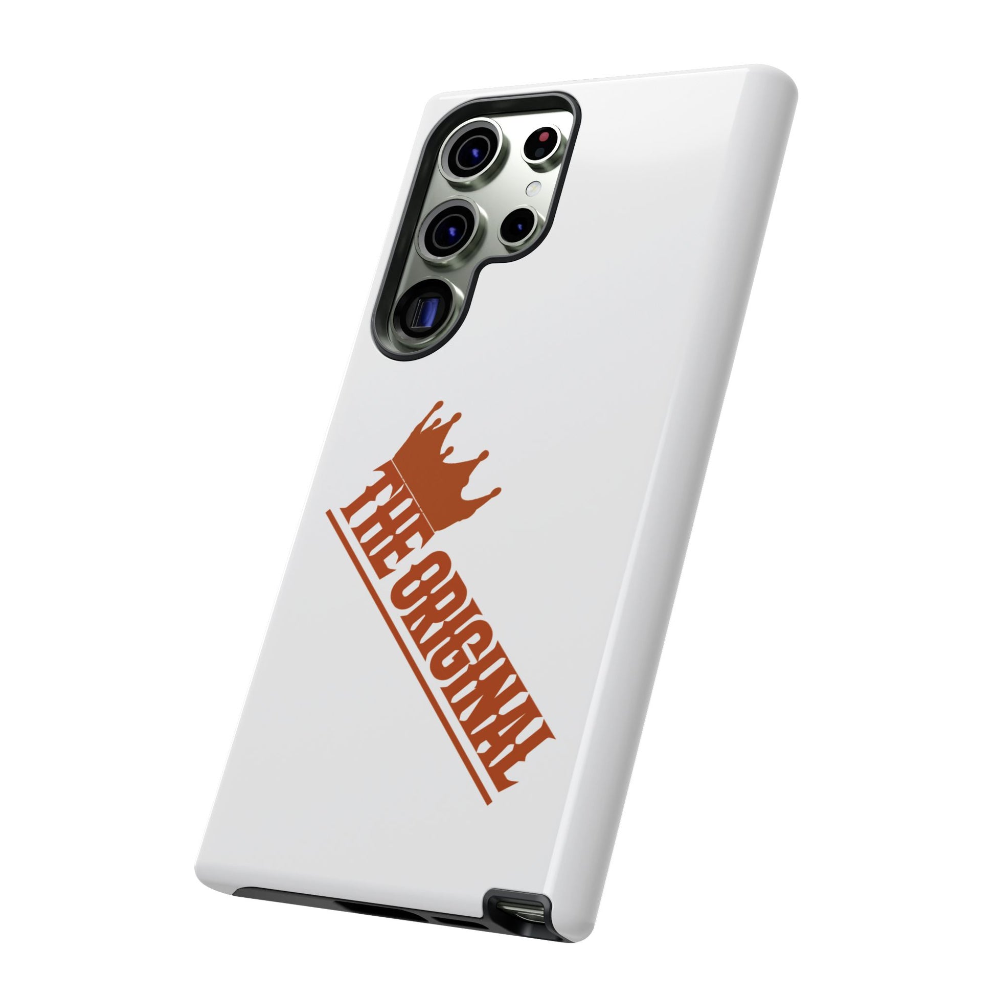 White phone case with red THE ORIGINAL brand text – Christian streetwear style