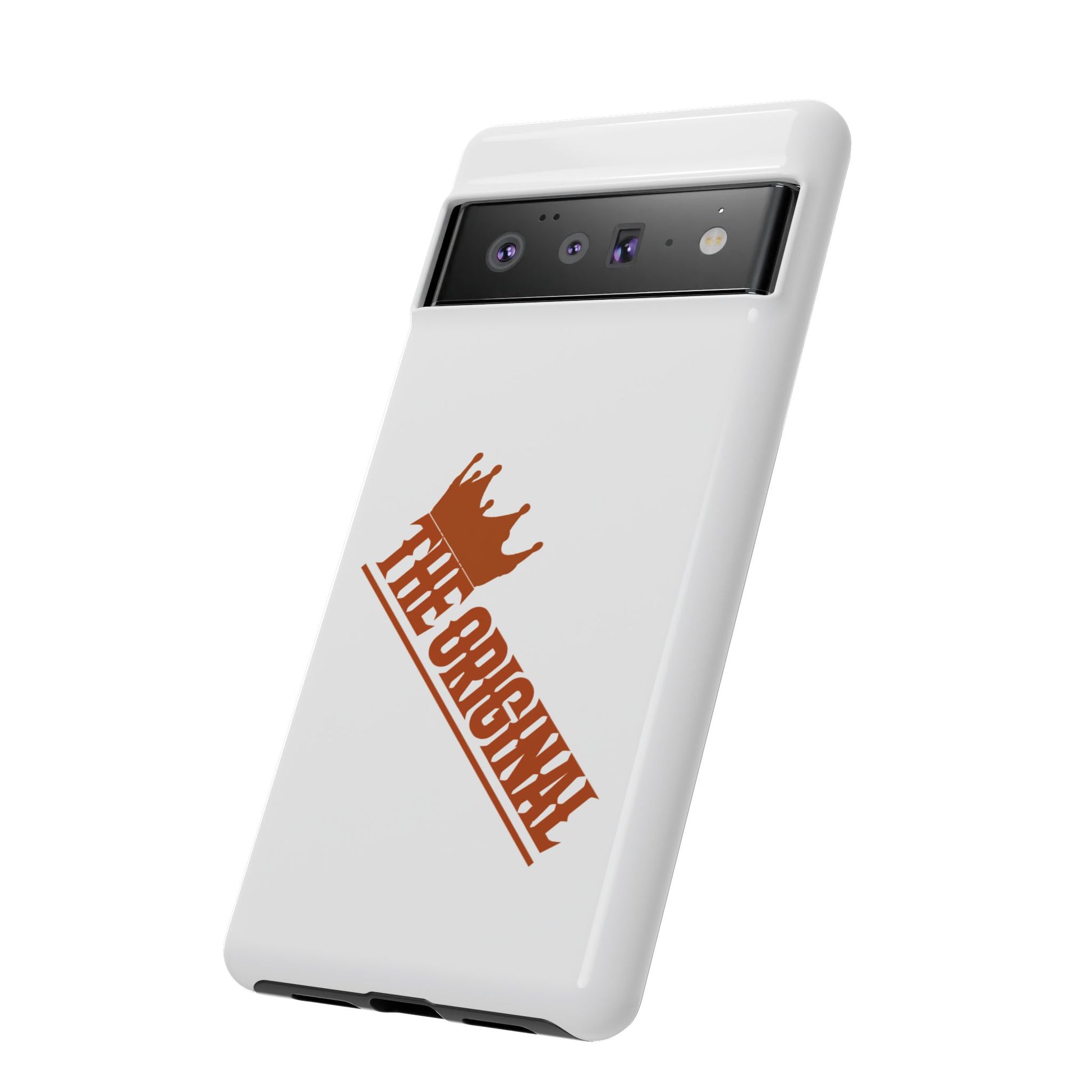 White phone case with red THE ORIGINAL brand text – Christian streetwear style