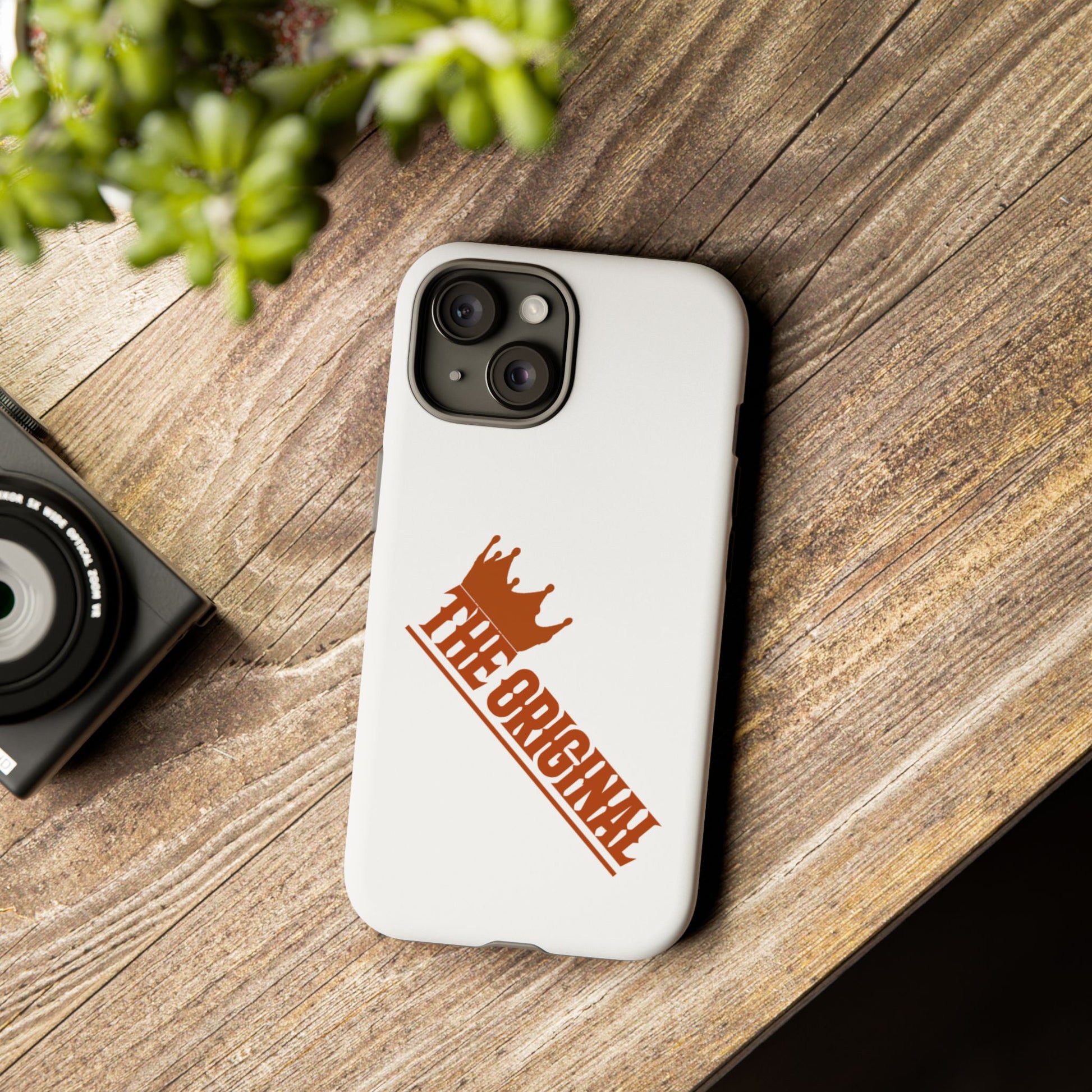 White phone case with red THE ORIGINAL brand text – Christian streetwear style