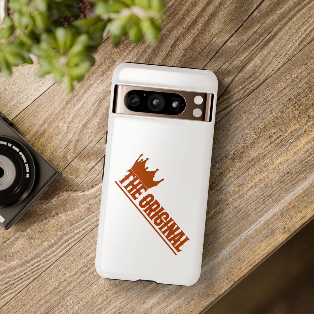 White phone case with red THE ORIGINAL brand text – Christian streetwear style
