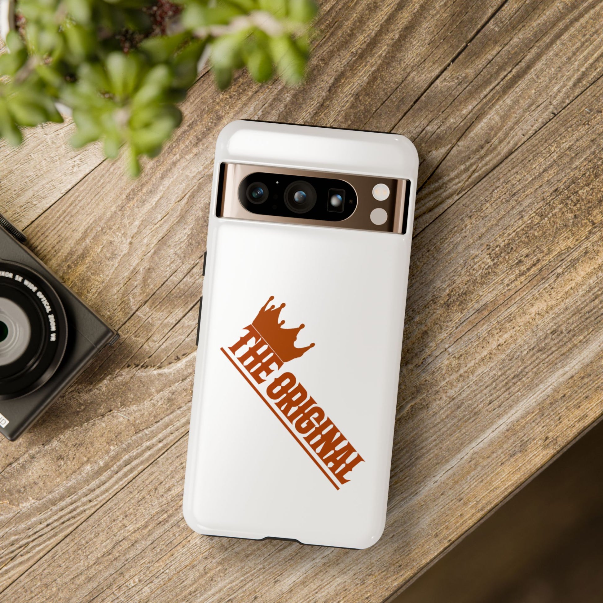 White phone case with red THE ORIGINAL brand text – Christian streetwear style