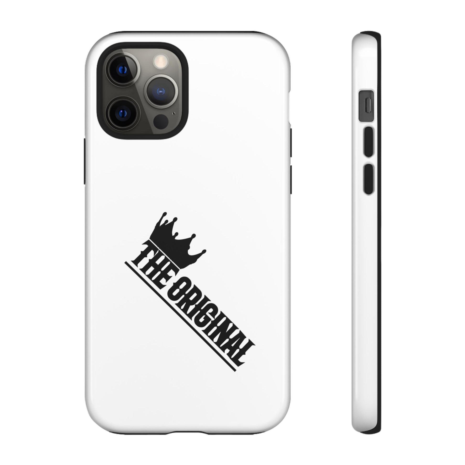 White Christian phone case with black The Original print – durable dual-layer protection with faith-based style