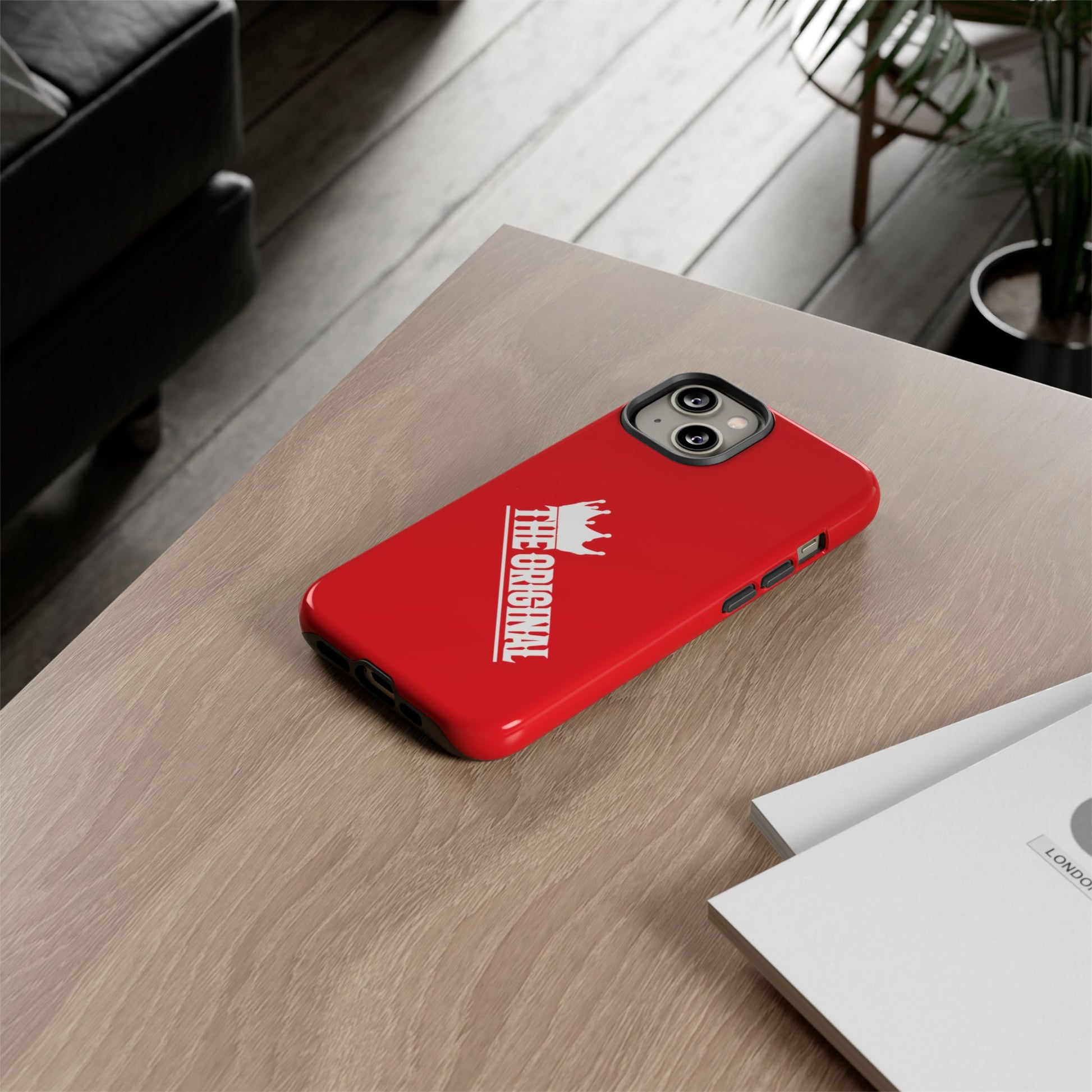 Red phone case with white THE ORIGINAL logo – Christian streetwear style