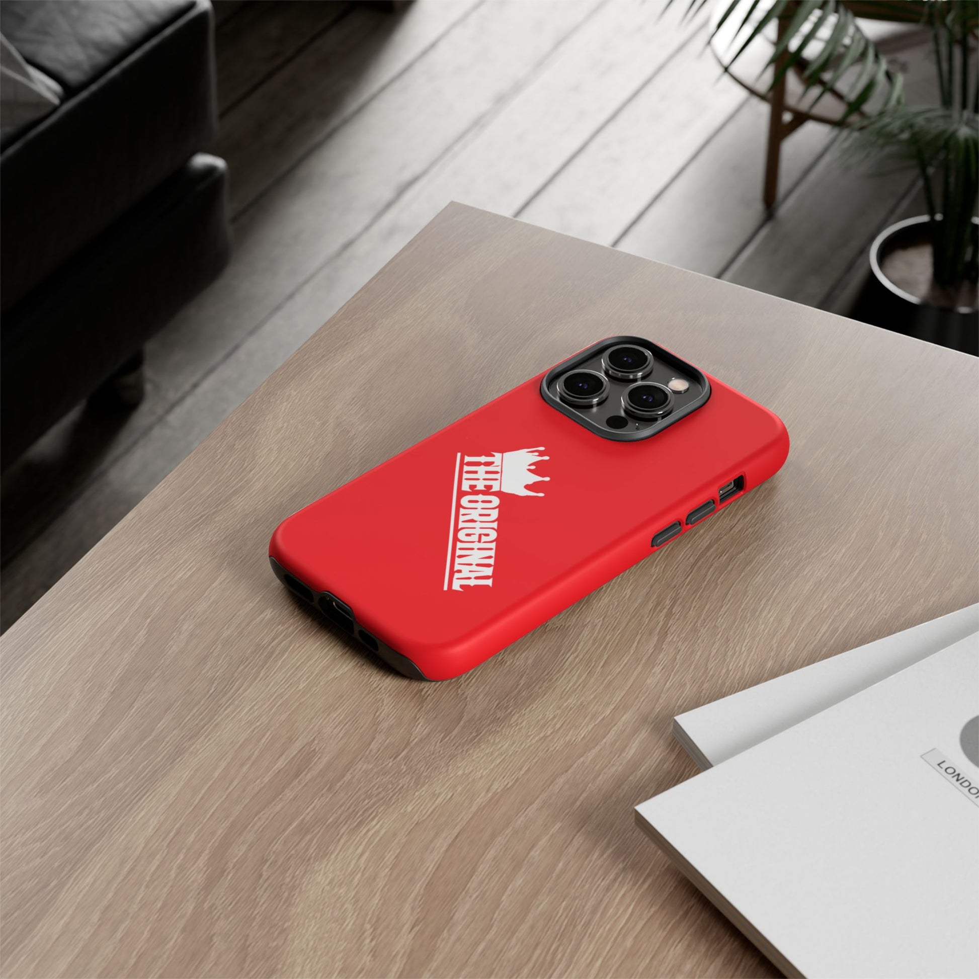 Red phone case with white THE ORIGINAL logo – Christian streetwear style