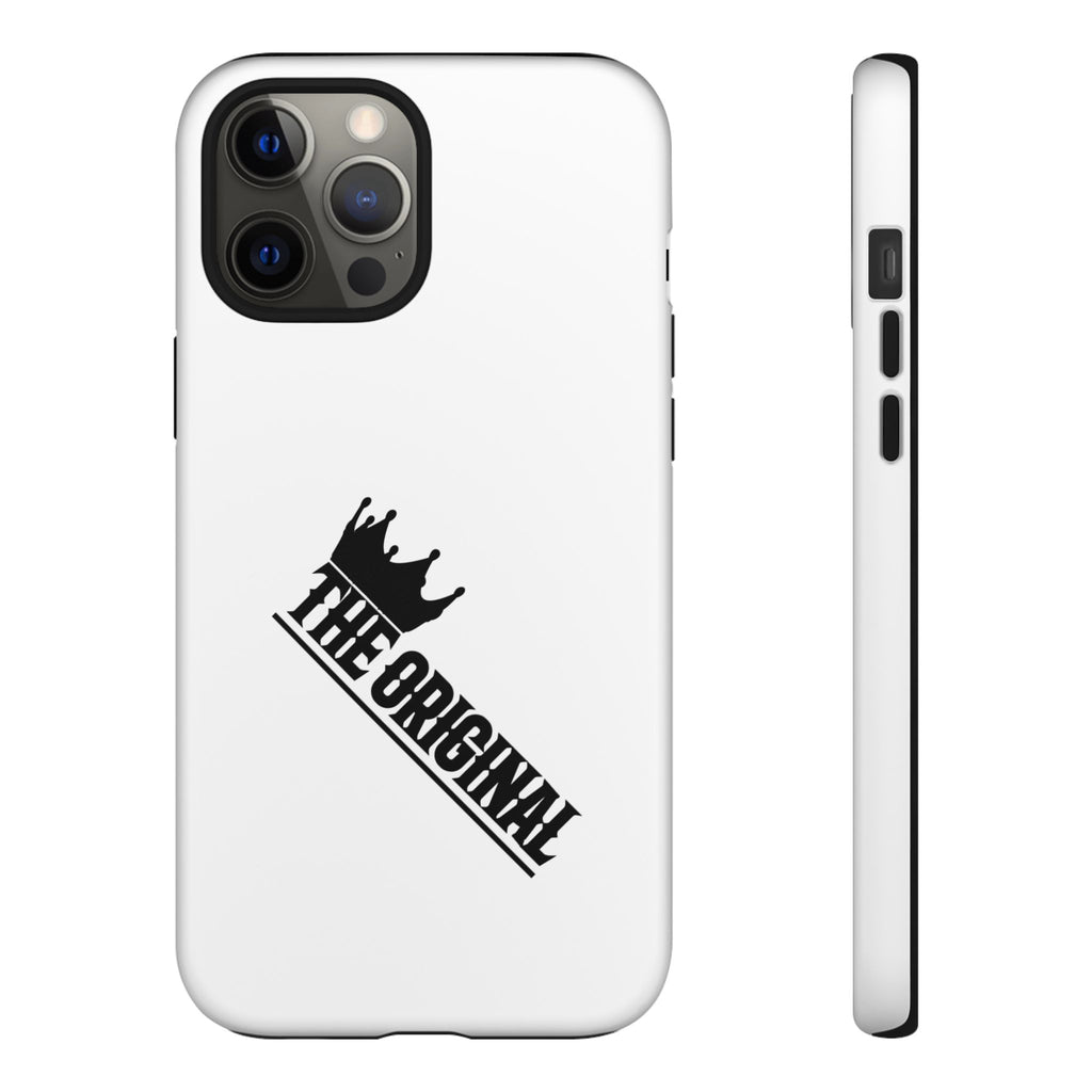 White Christian phone case with black The Original print – durable dual-layer protection with faith-based style