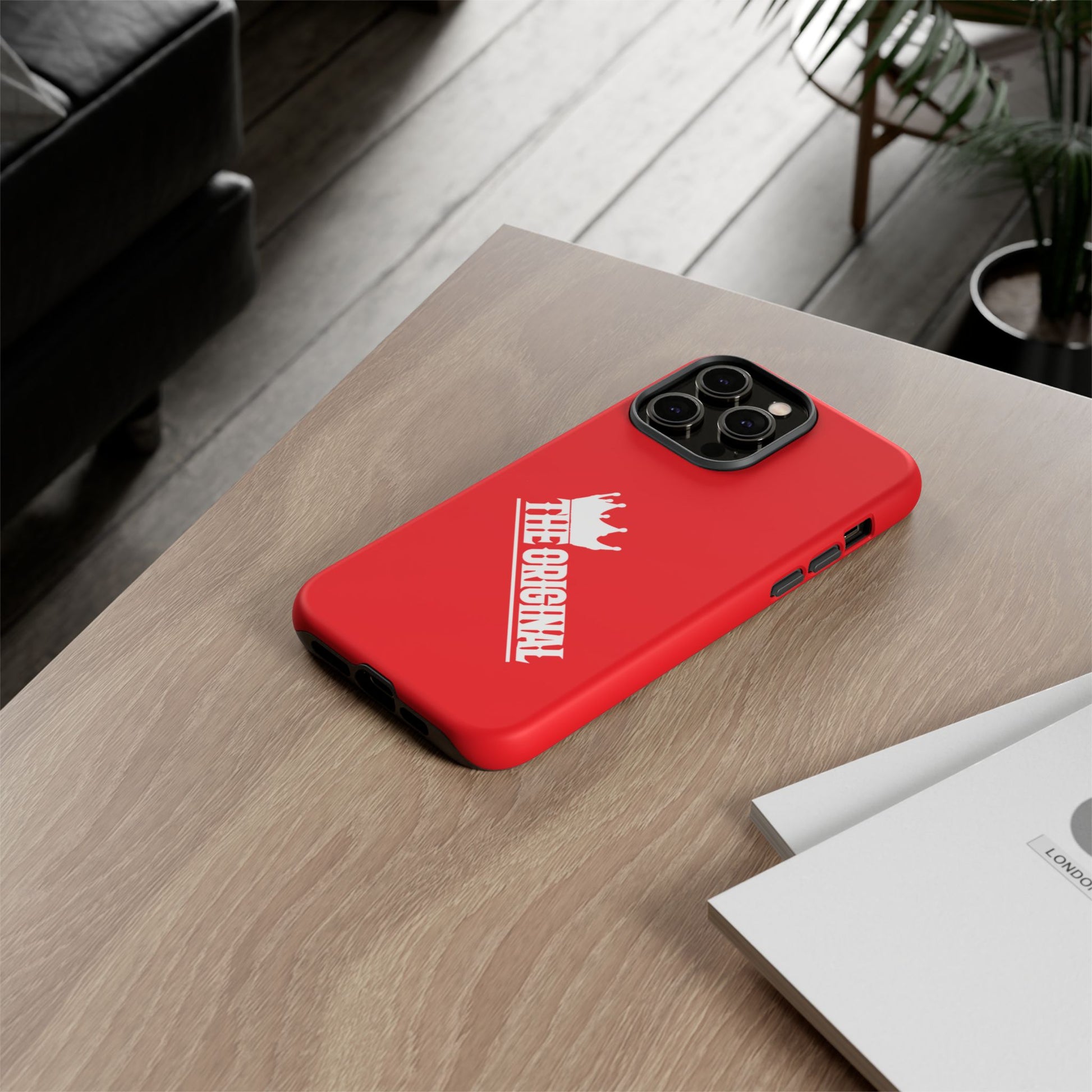 Red phone case with white THE ORIGINAL logo – Christian streetwear style