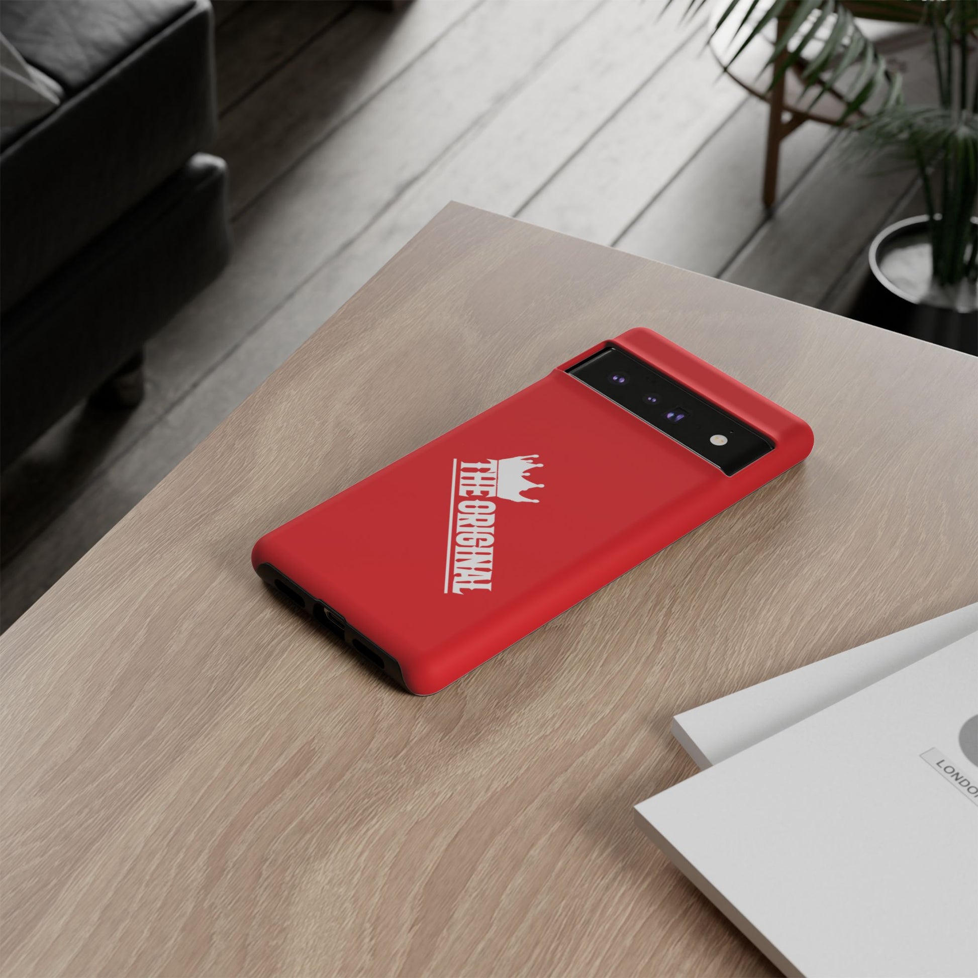 Red phone case with white THE ORIGINAL logo – Christian streetwear style
