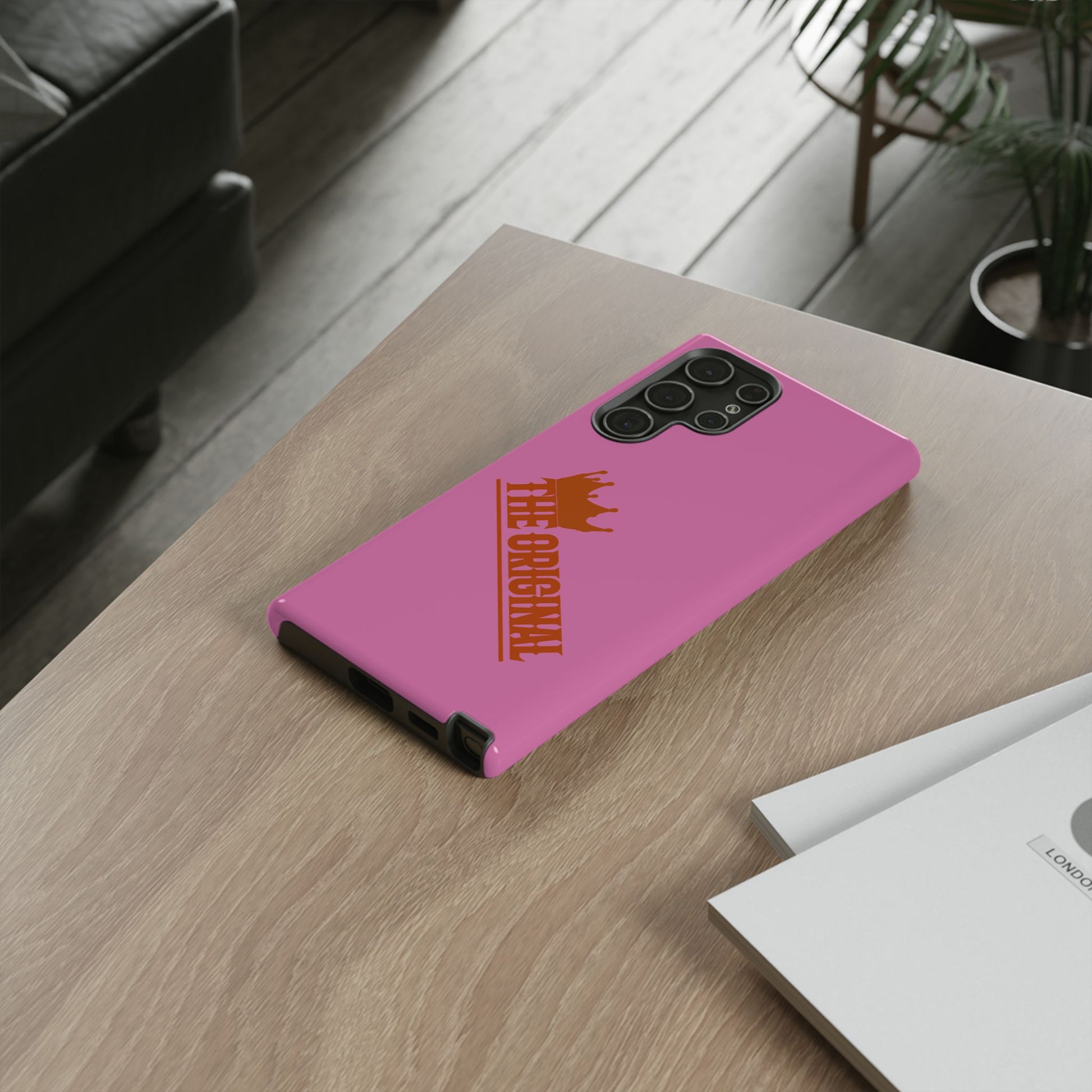 Pink phone case with red THE ORIGINAL logo – Christian streetwear style