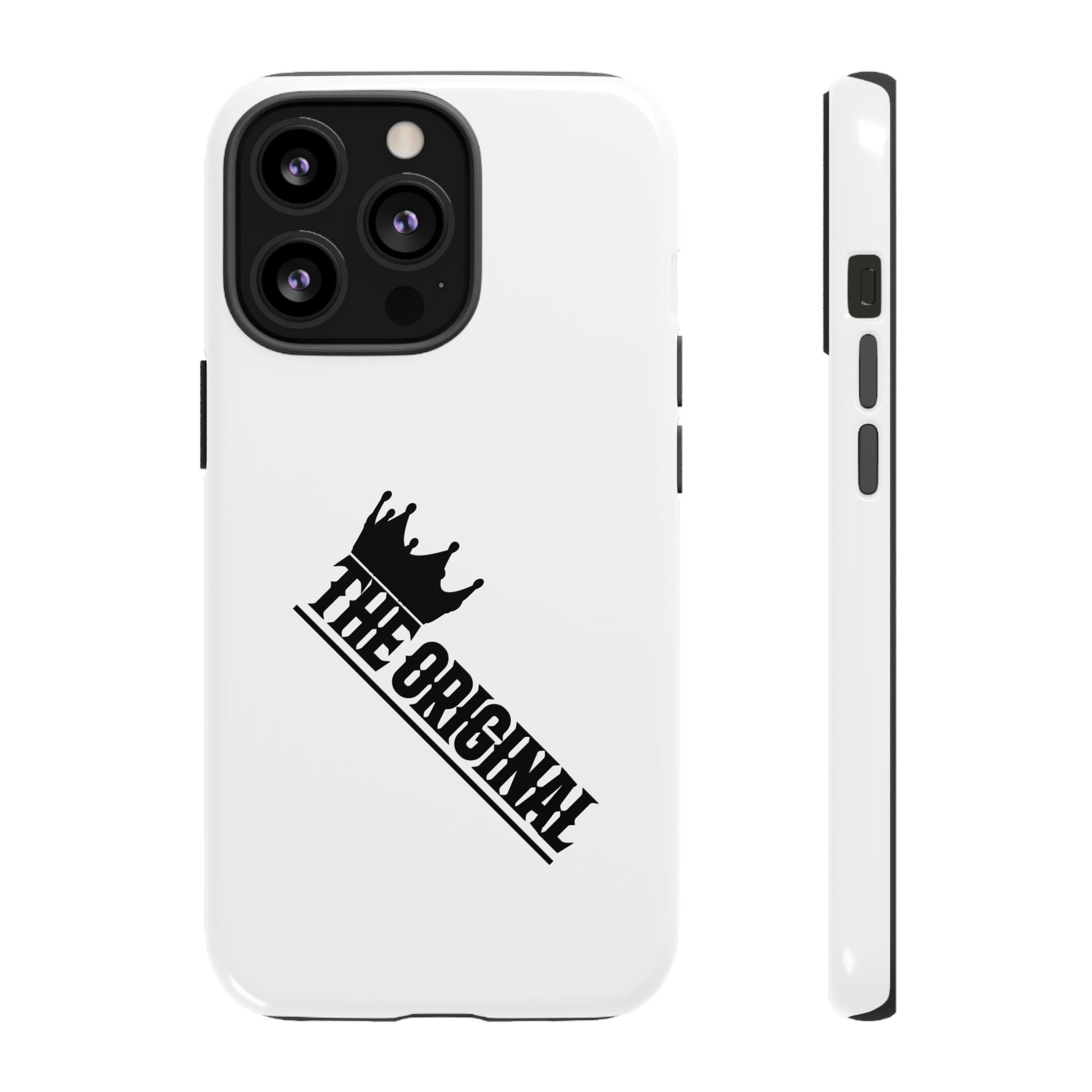 White Christian phone case with black The Original print – durable dual-layer protection with faith-based style