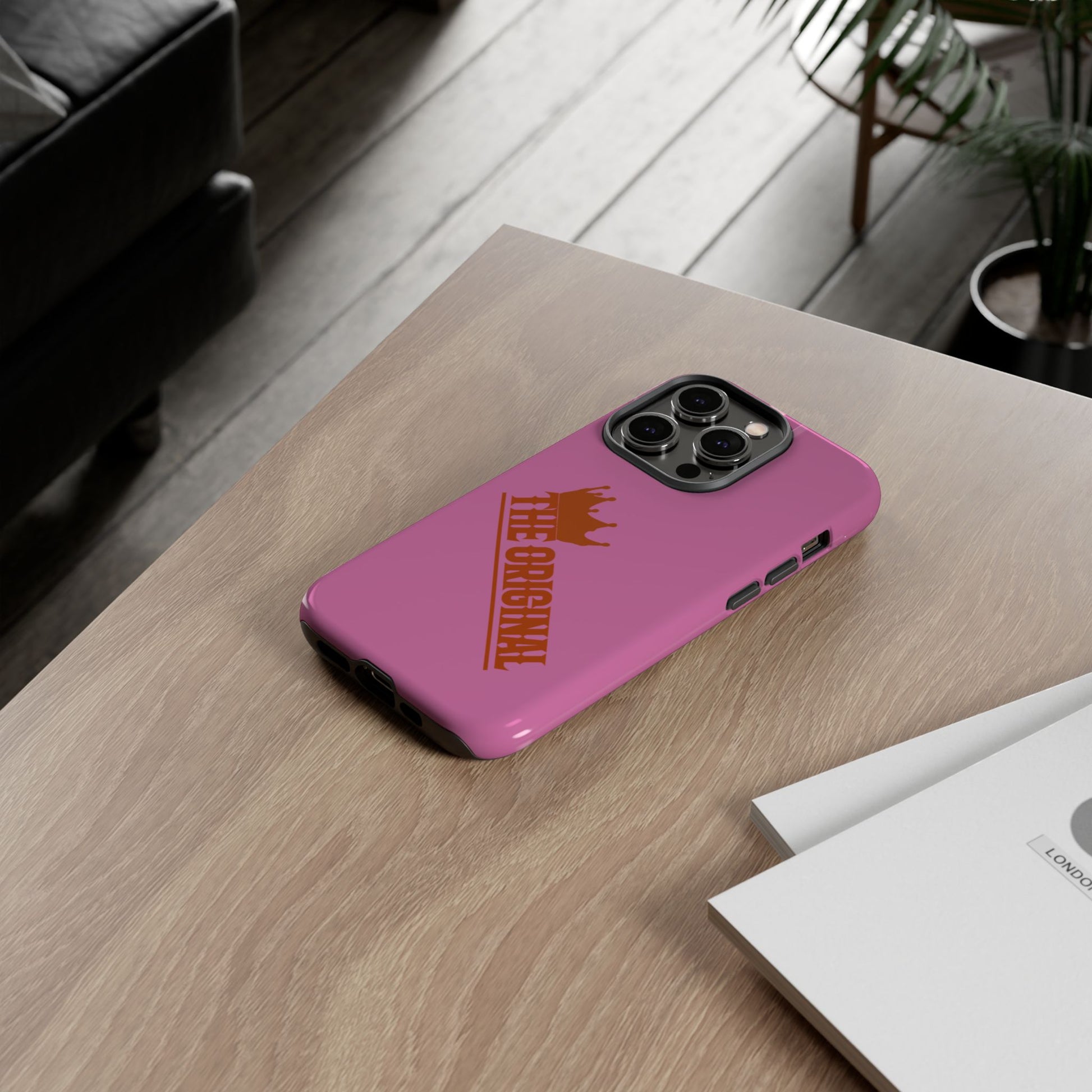Pink phone case with red THE ORIGINAL logo – Christian streetwear style