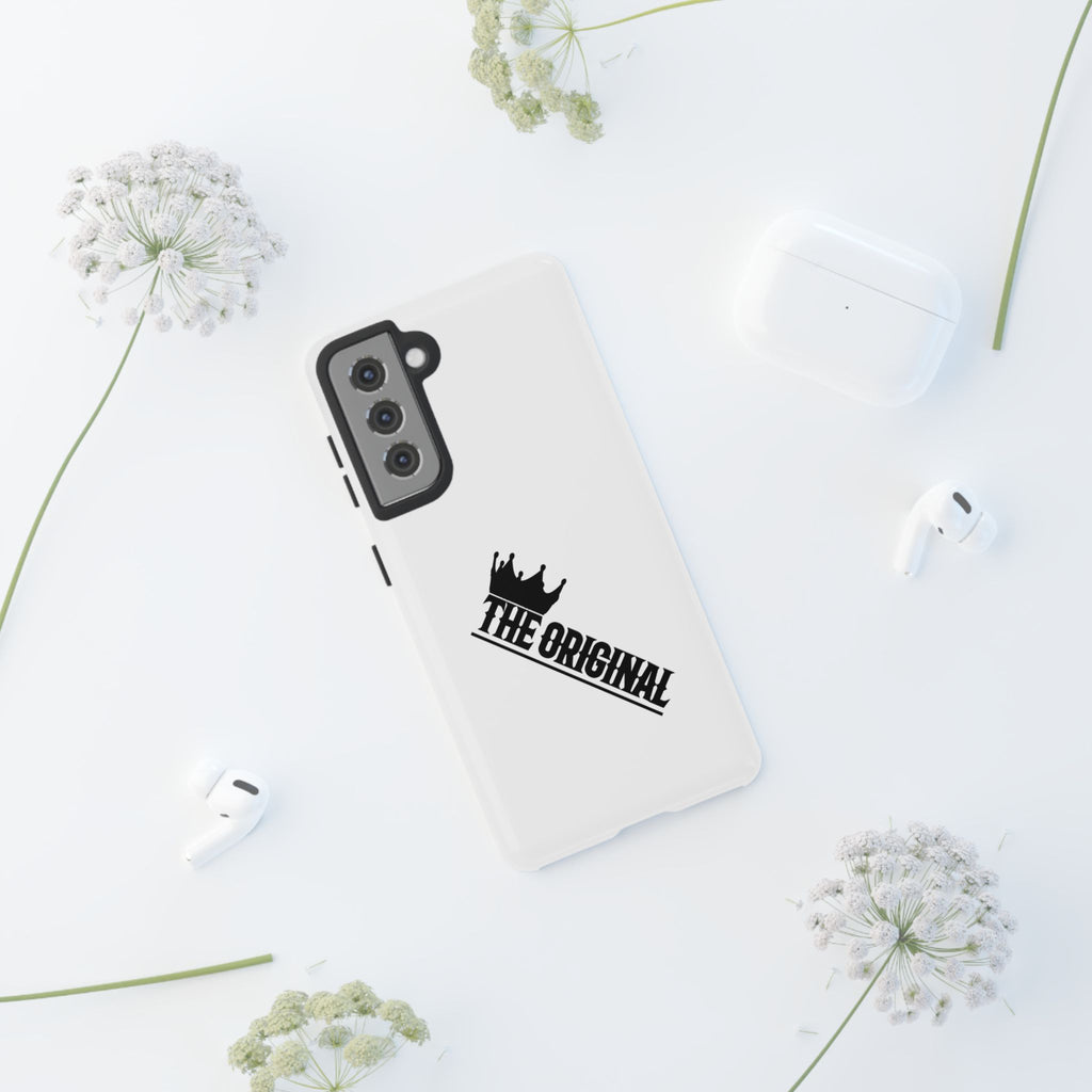 White Christian phone case with black The Original print – durable dual-layer protection with faith-based style
