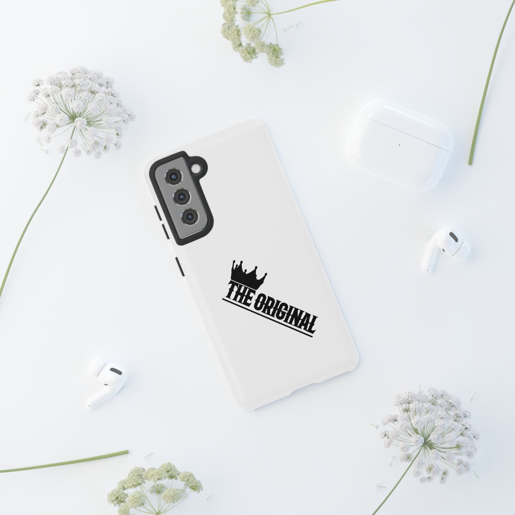 White Christian phone case with black The Original print – durable dual-layer protection with faith-based style