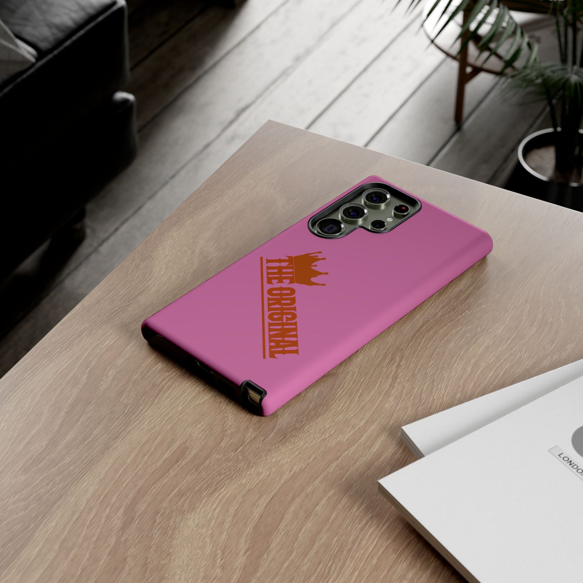 Pink phone case with red THE ORIGINAL logo – Christian streetwear style