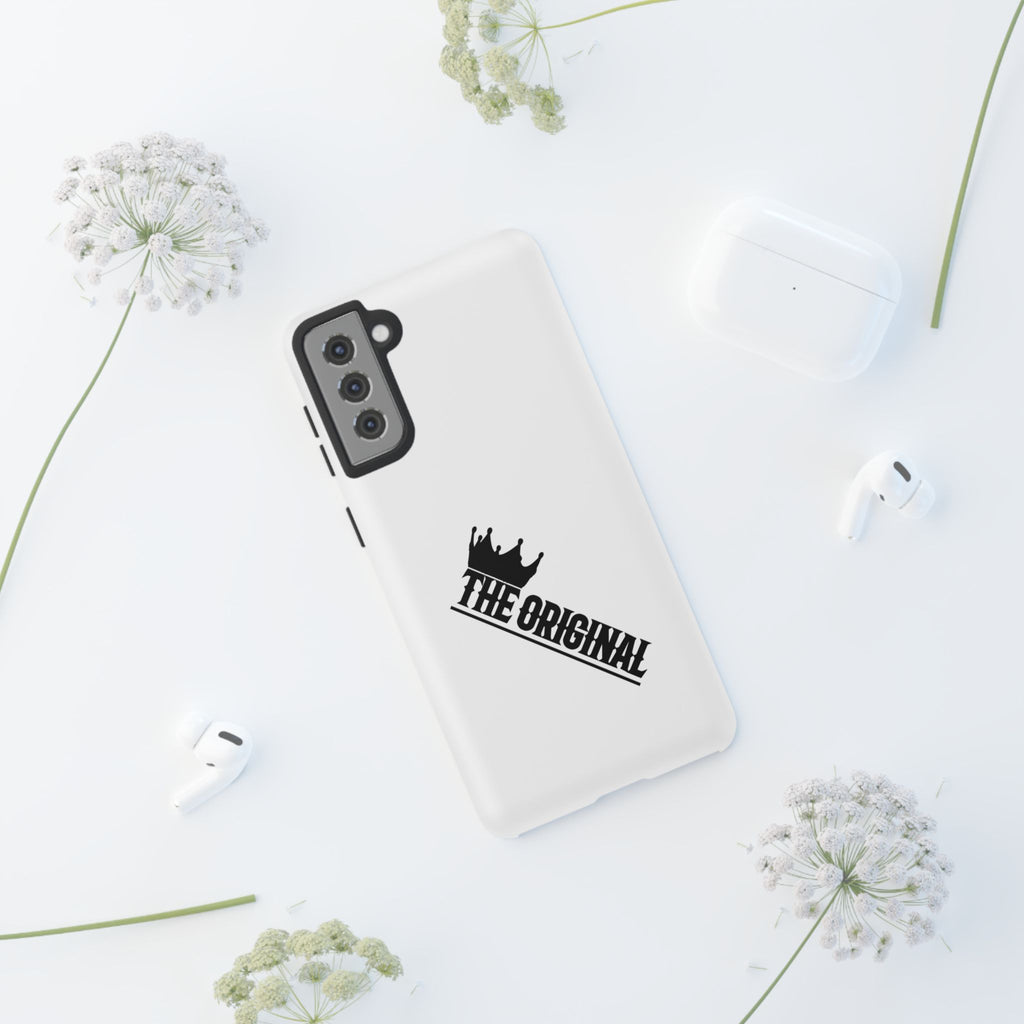 White Christian phone case with black The Original print – durable dual-layer protection with faith-based style