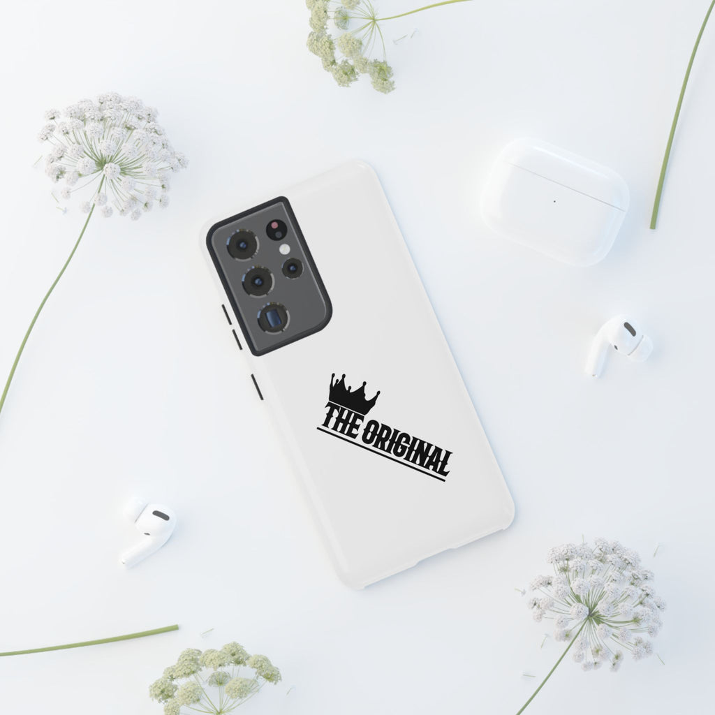 White Christian phone case with black The Original print – durable dual-layer protection with faith-based style