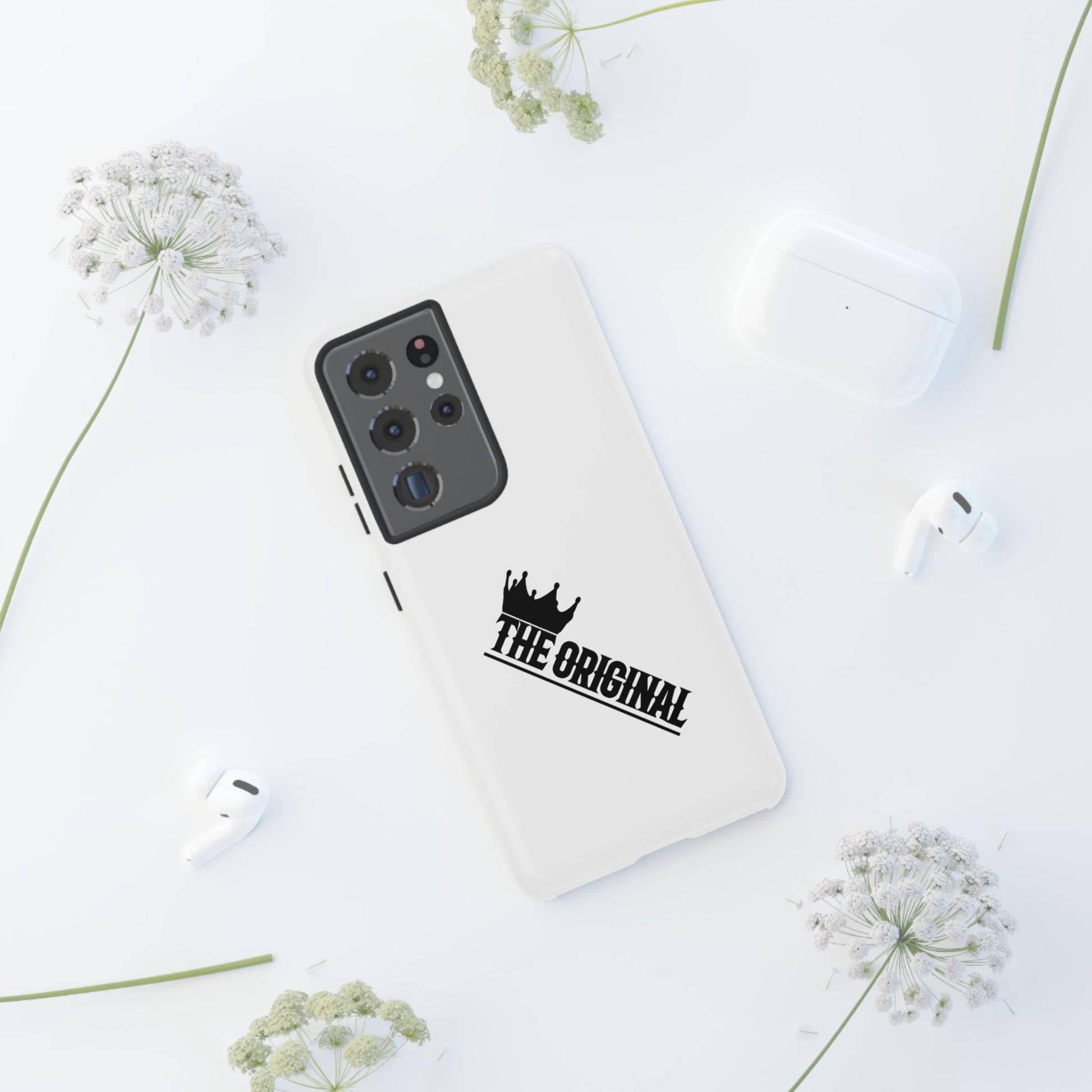 White Christian phone case with black The Original print – durable dual-layer protection with faith-based style