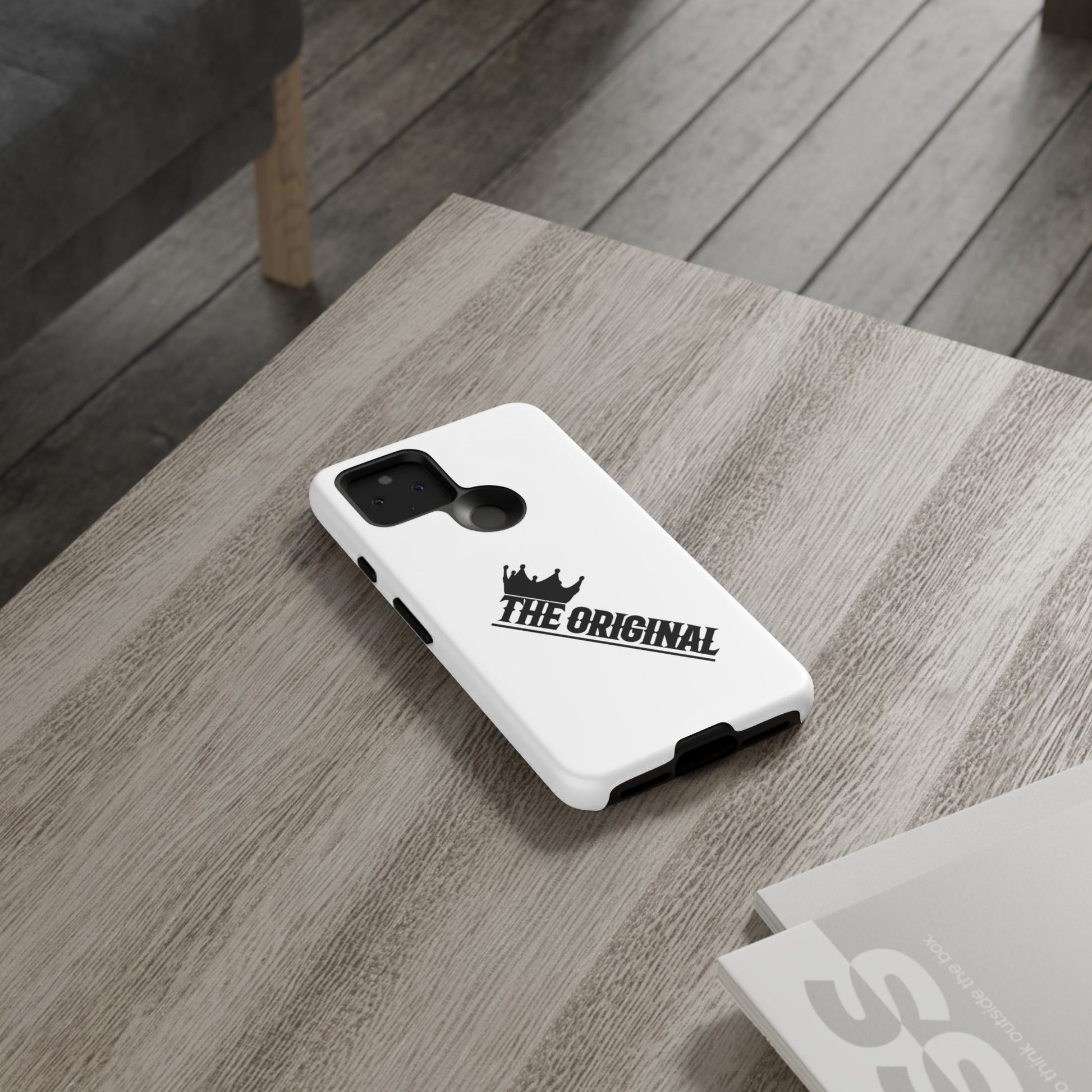 White Christian phone case with black The Original print – durable dual-layer protection with faith-based style