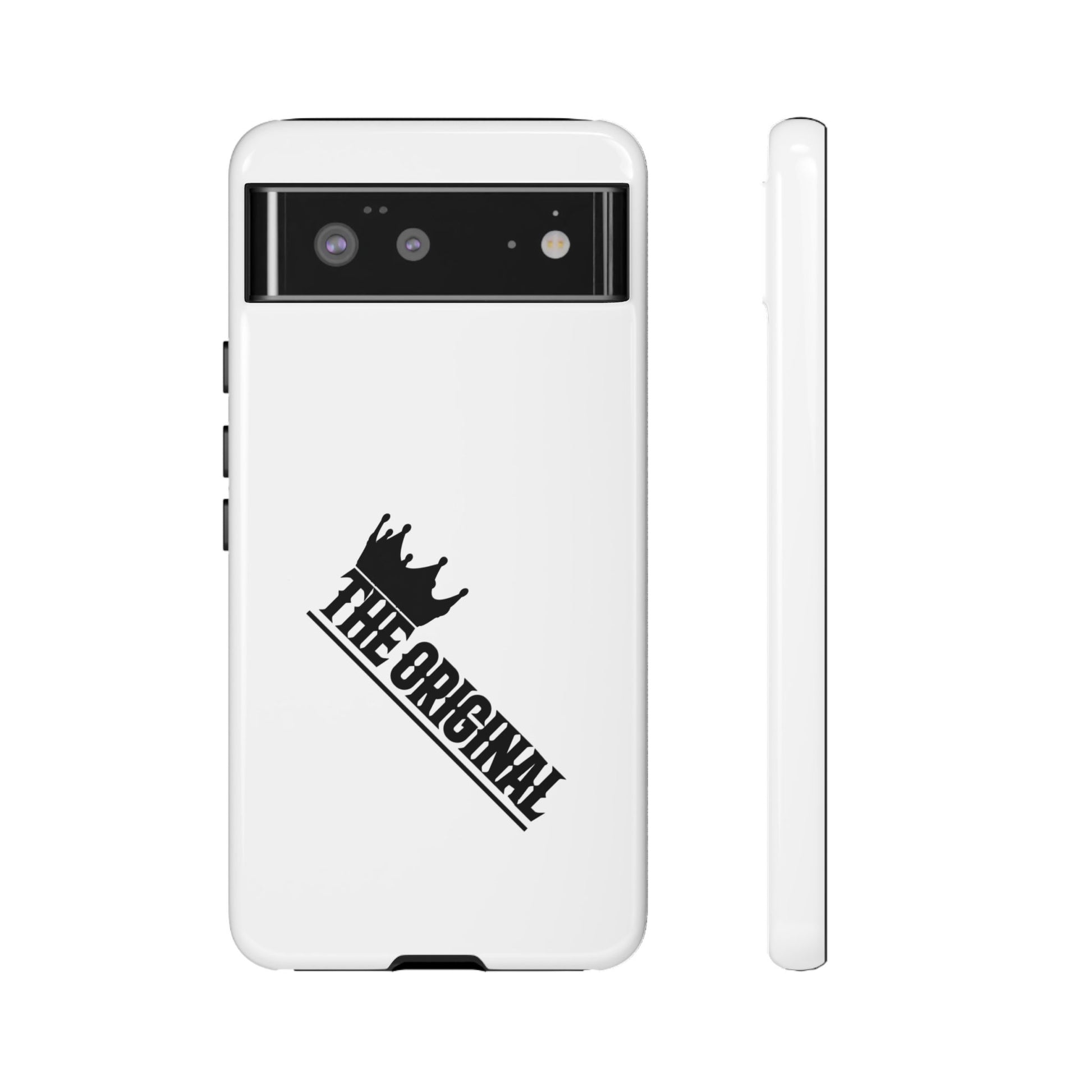 White Christian phone case with black The Original print – durable dual-layer protection with faith-based style