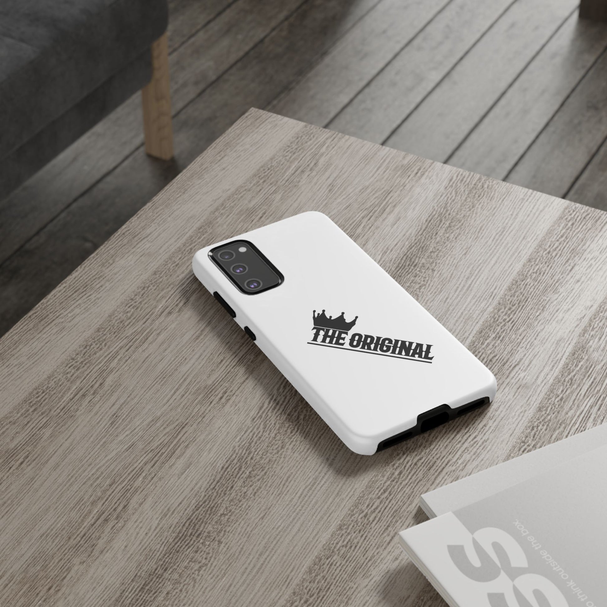 White Christian phone case with black The Original print – durable dual-layer protection with faith-based style