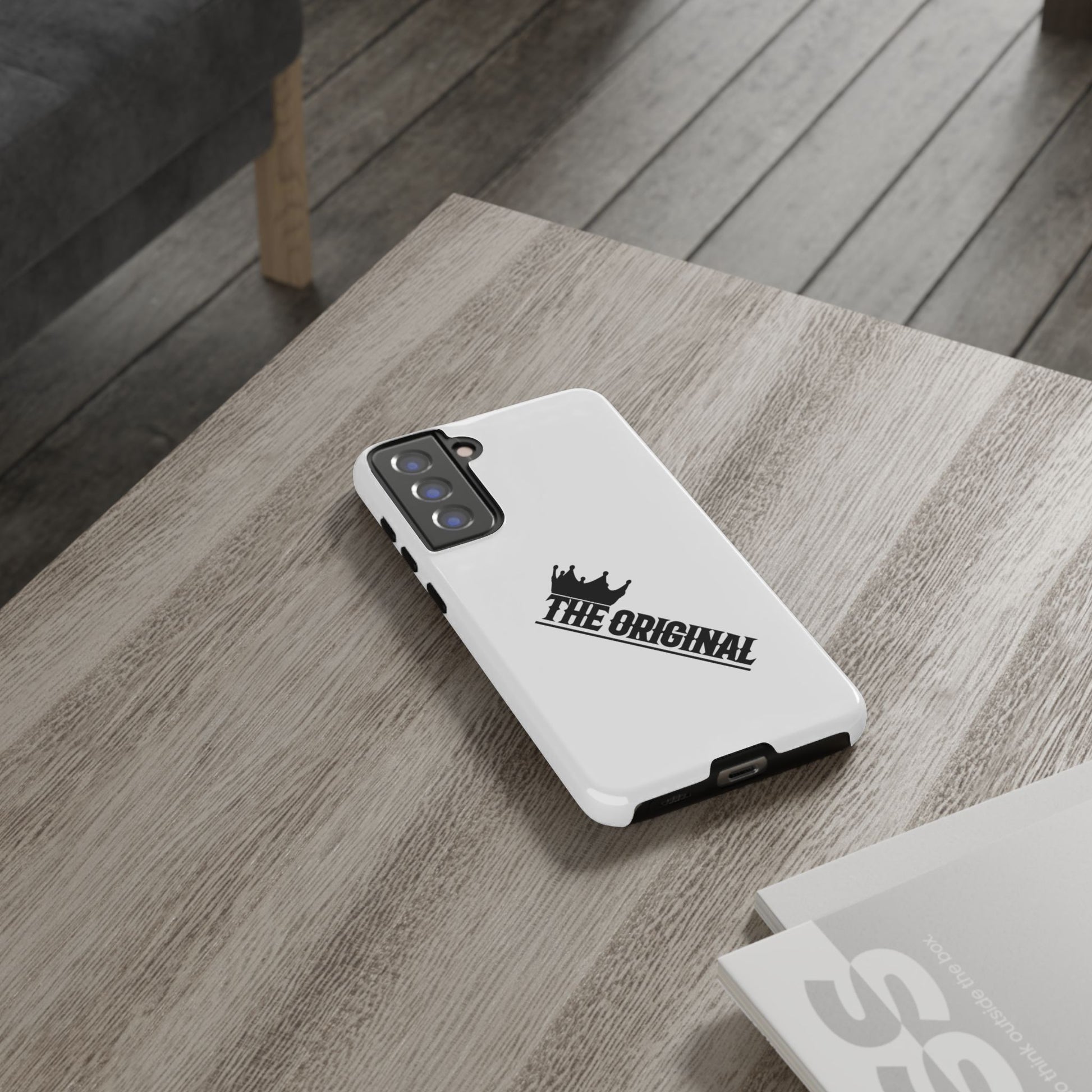 White Christian phone case with black The Original print – durable dual-layer protection with faith-based style