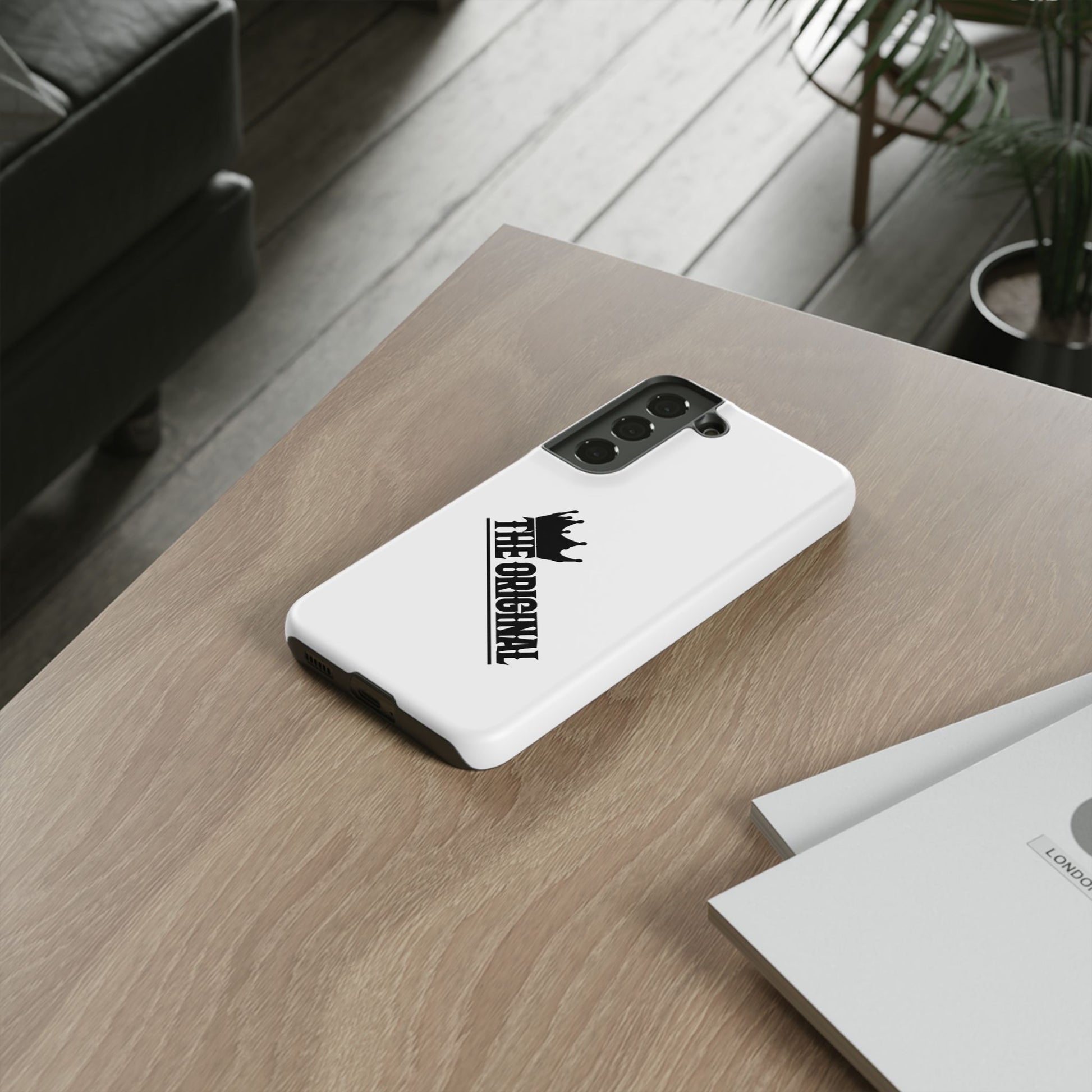 White Christian phone case with black The Original print – durable dual-layer protection with faith-based style