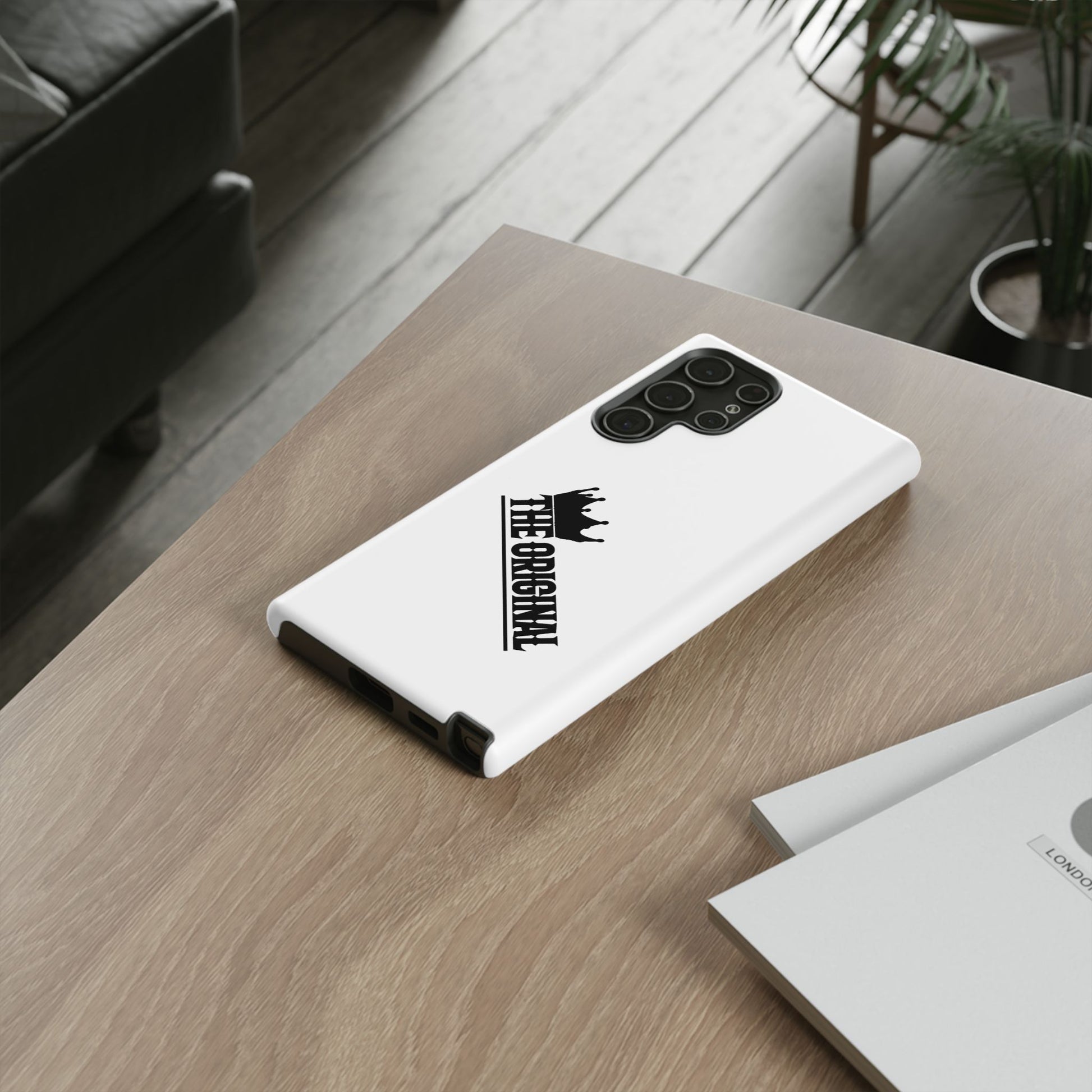 White Christian phone case with black The Original print – durable dual-layer protection with faith-based style