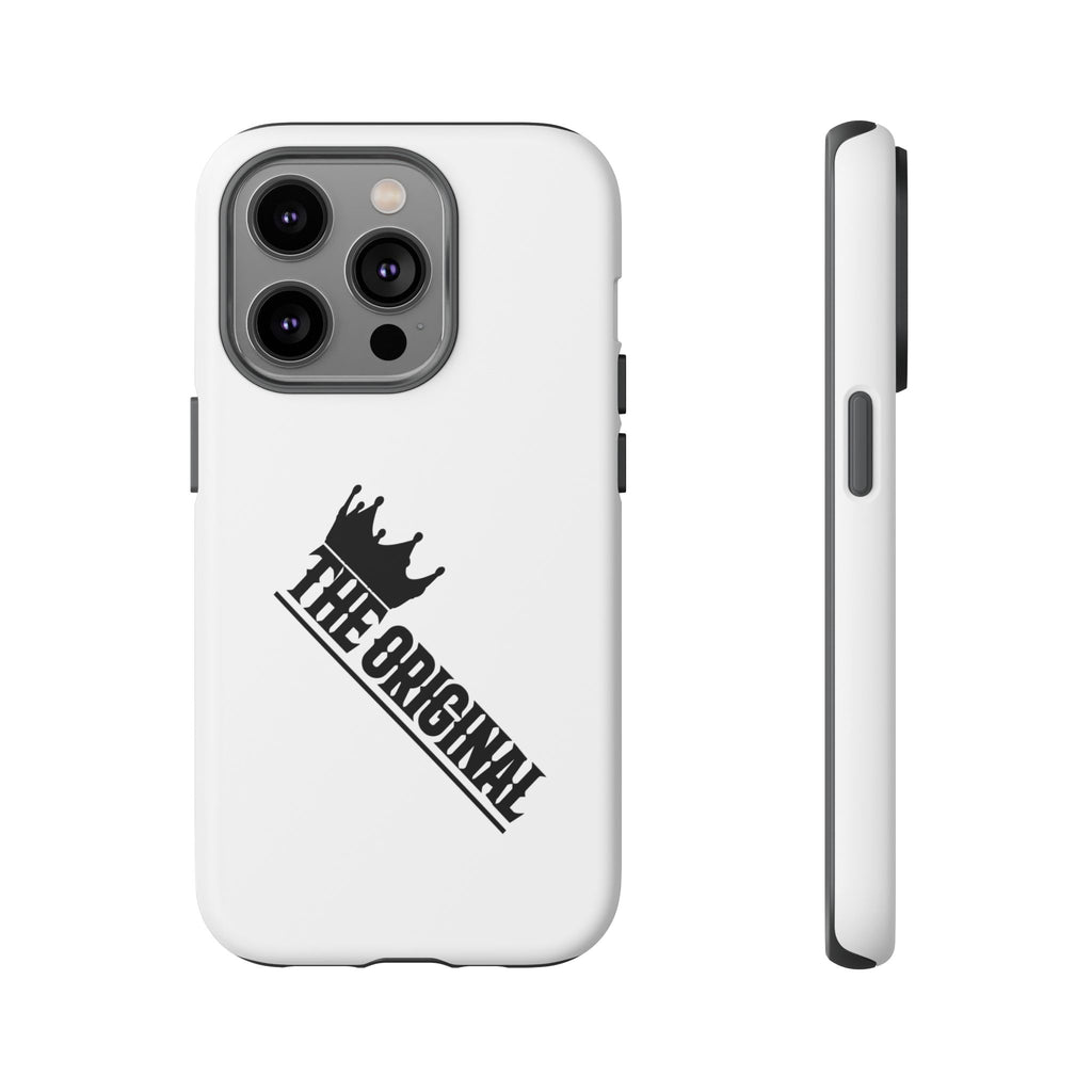 White Christian phone case with black The Original print – durable dual-layer protection with faith-based style