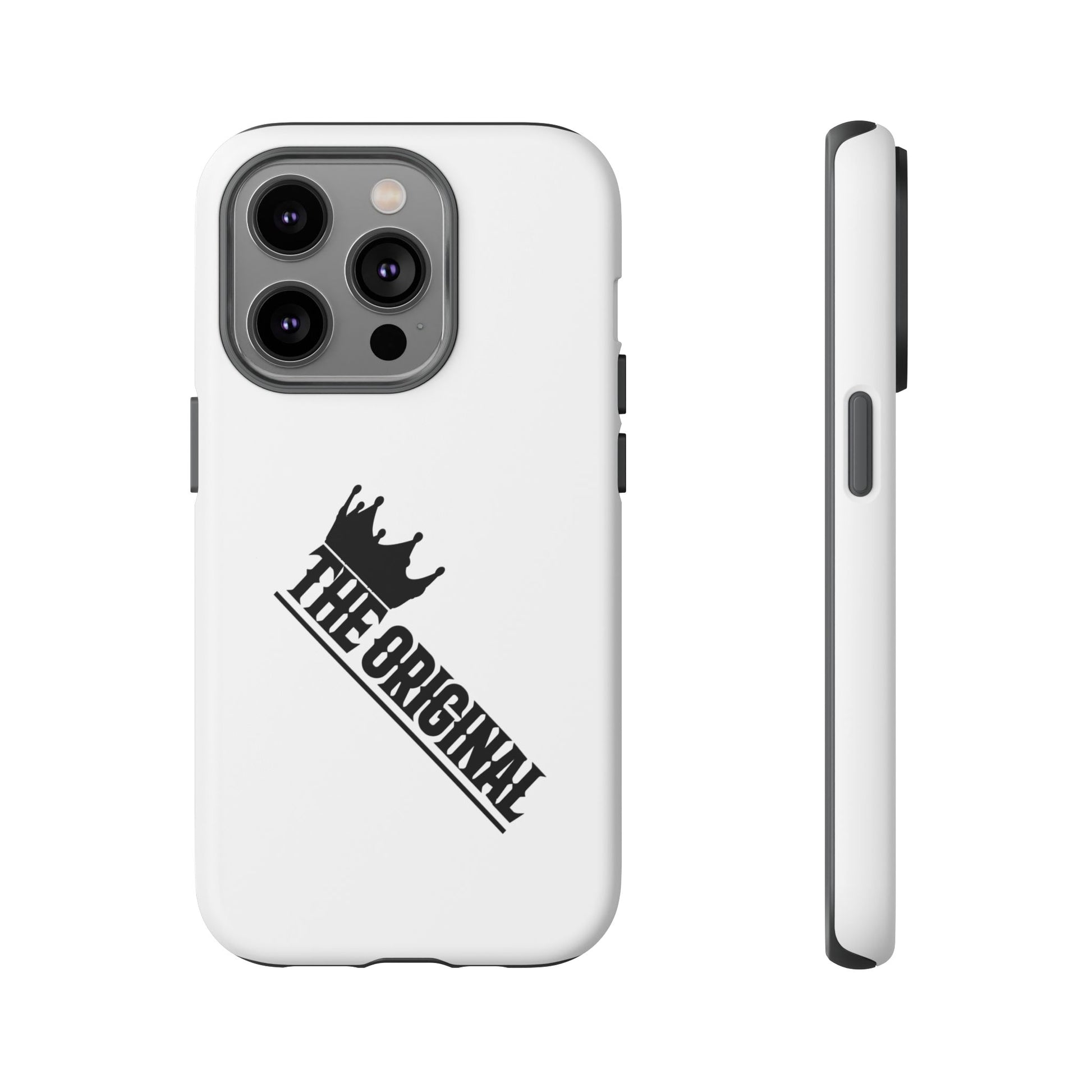 White Christian phone case with black The Original print – durable dual-layer protection with faith-based style