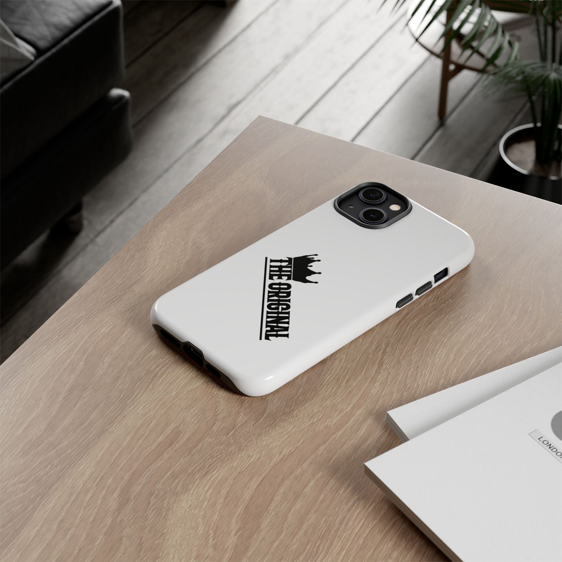 White Christian phone case with black The Original print – durable dual-layer protection with faith-based style