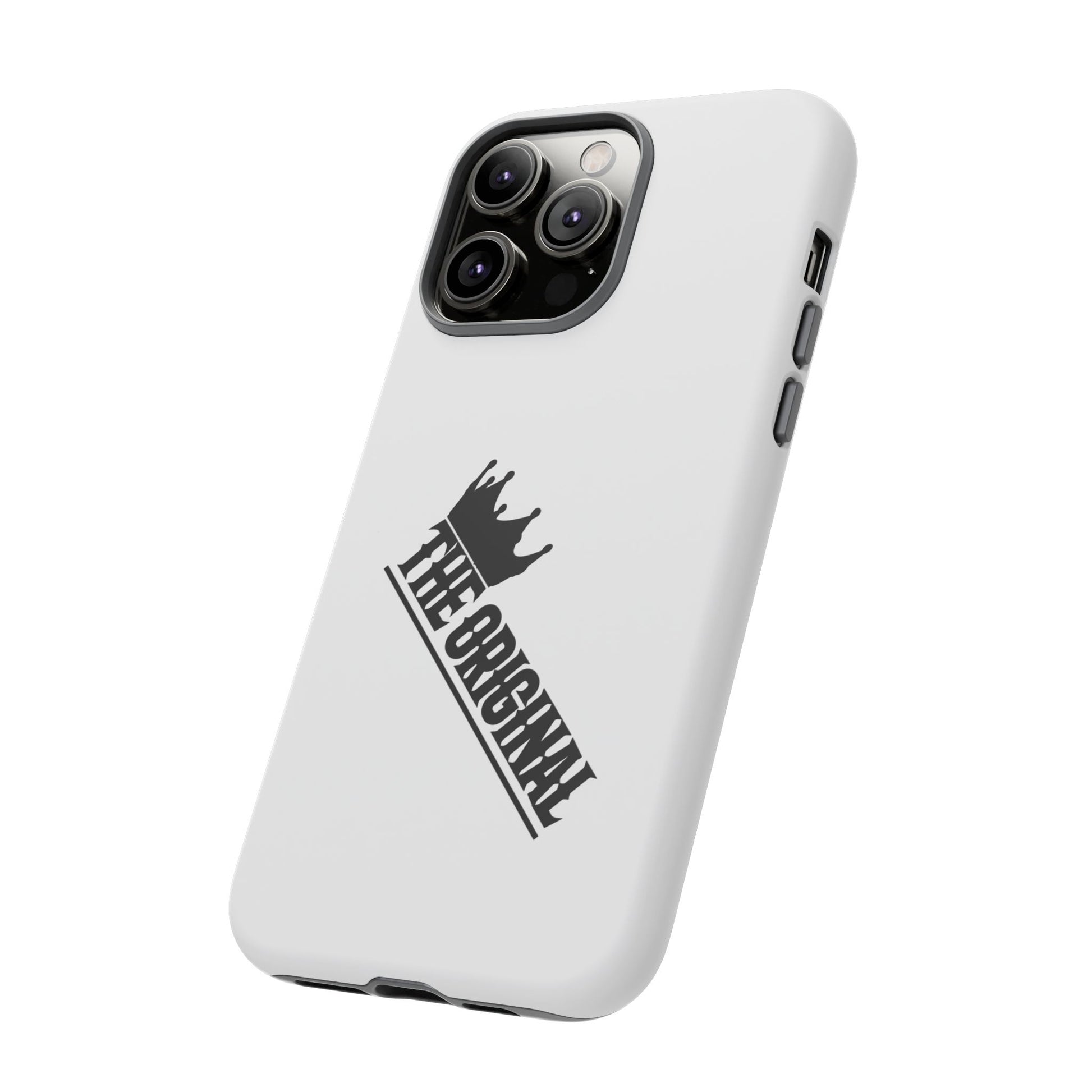 White Christian phone case with black The Original print – durable dual-layer protection with faith-based style