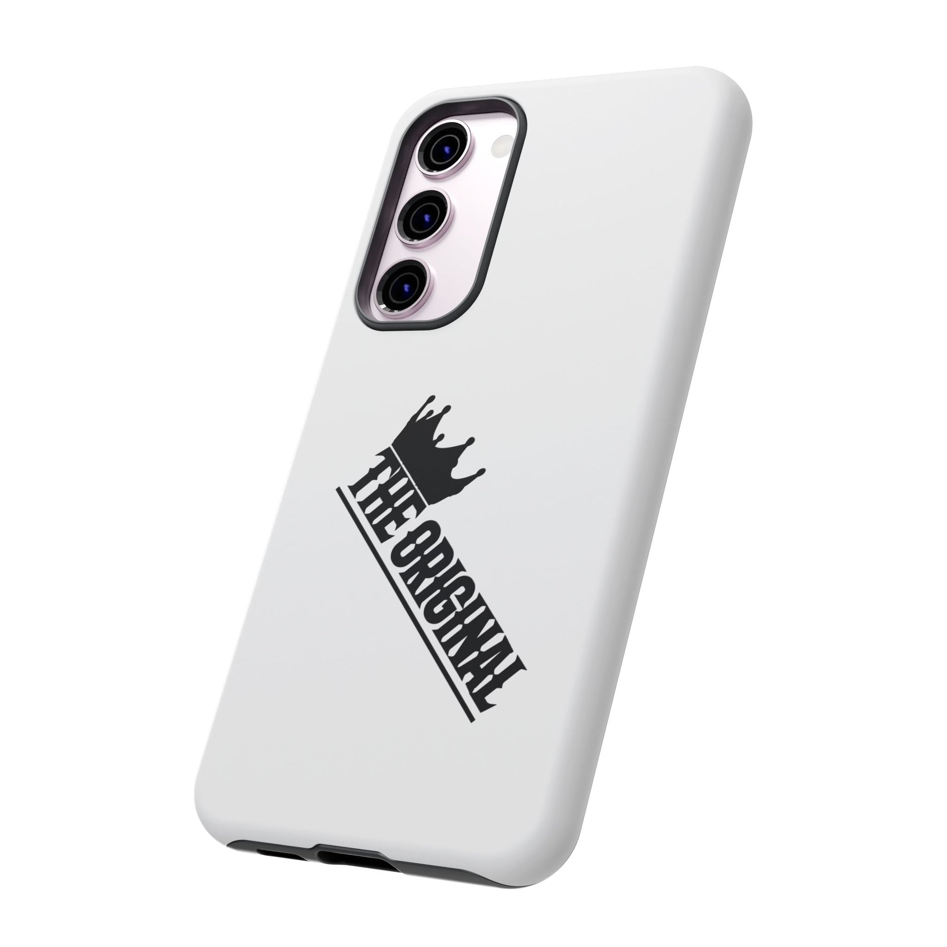 White Christian phone case with black The Original print – durable dual-layer protection with faith-based style