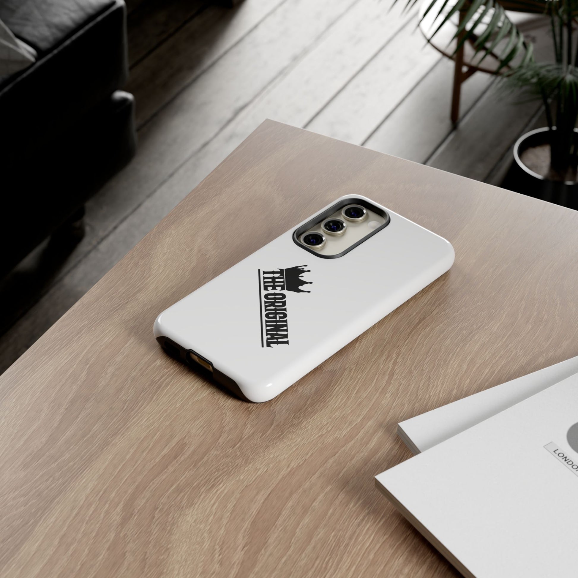 White Christian phone case with black The Original print – durable dual-layer protection with faith-based style