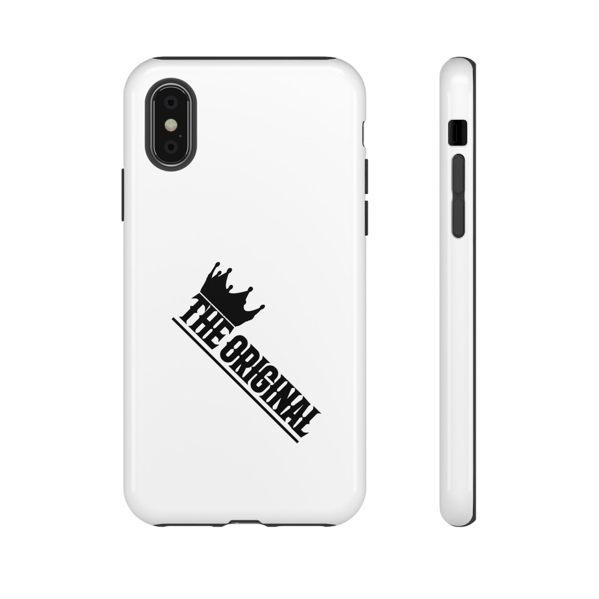 White Christian phone case with black The Original print – durable dual-layer protection with faith-based style