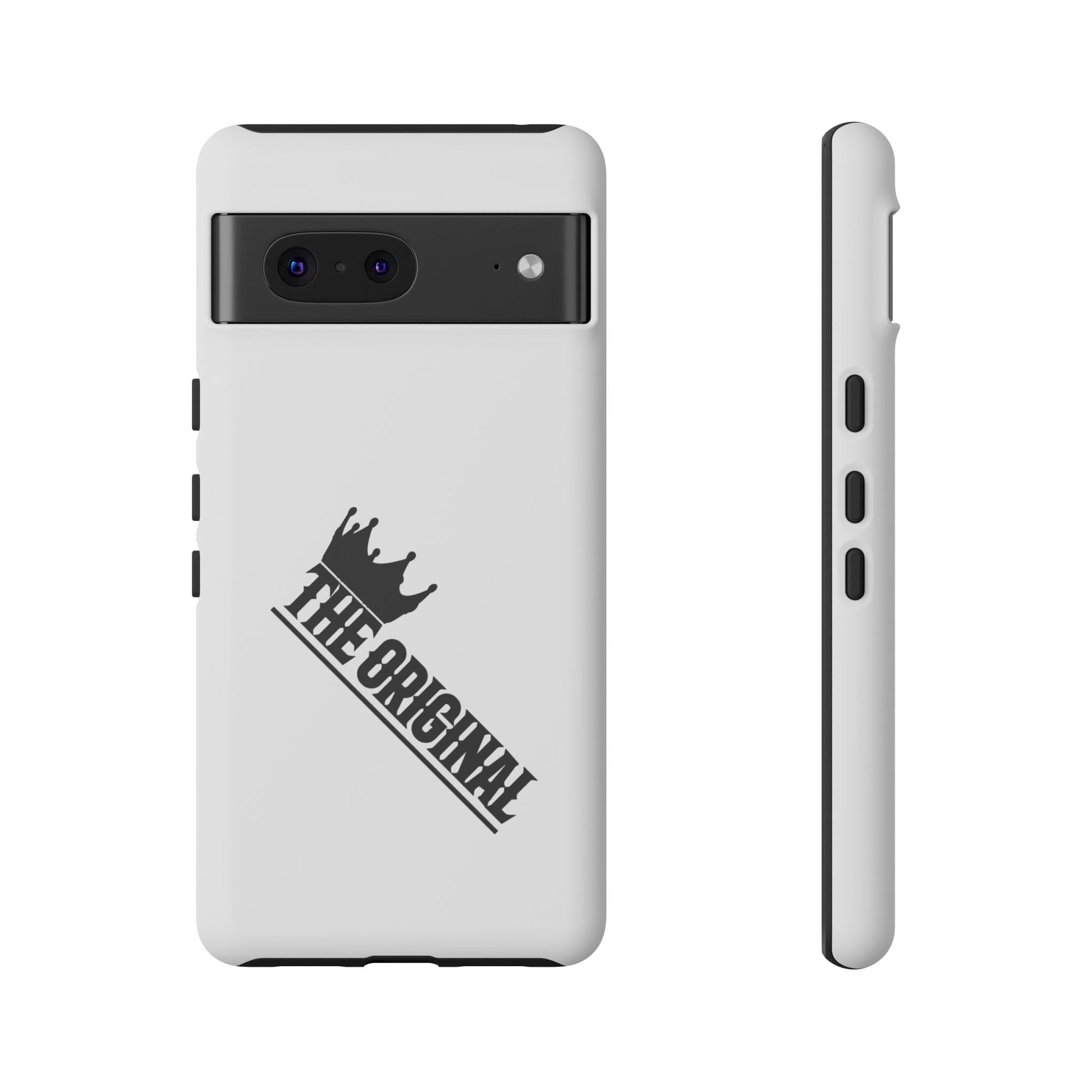 White Christian phone case with black The Original print – durable dual-layer protection with faith-based style