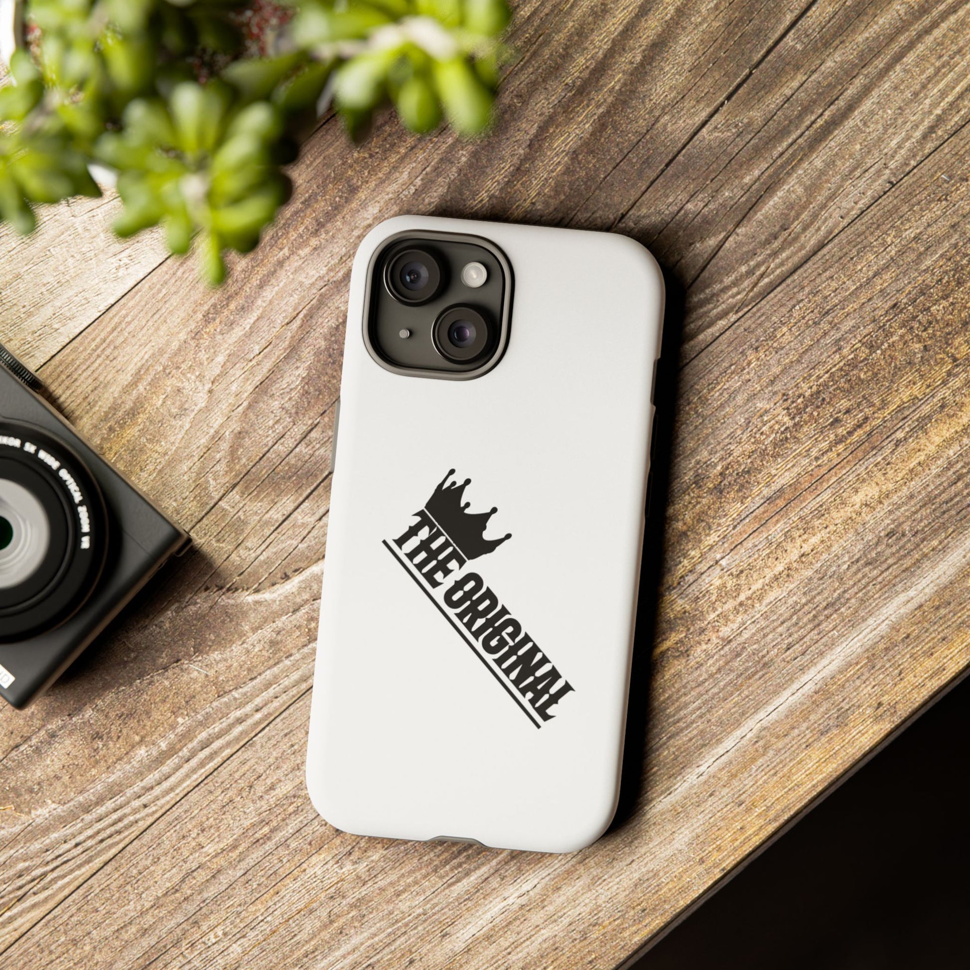 White Christian phone case with black The Original print – durable dual-layer protection with faith-based style